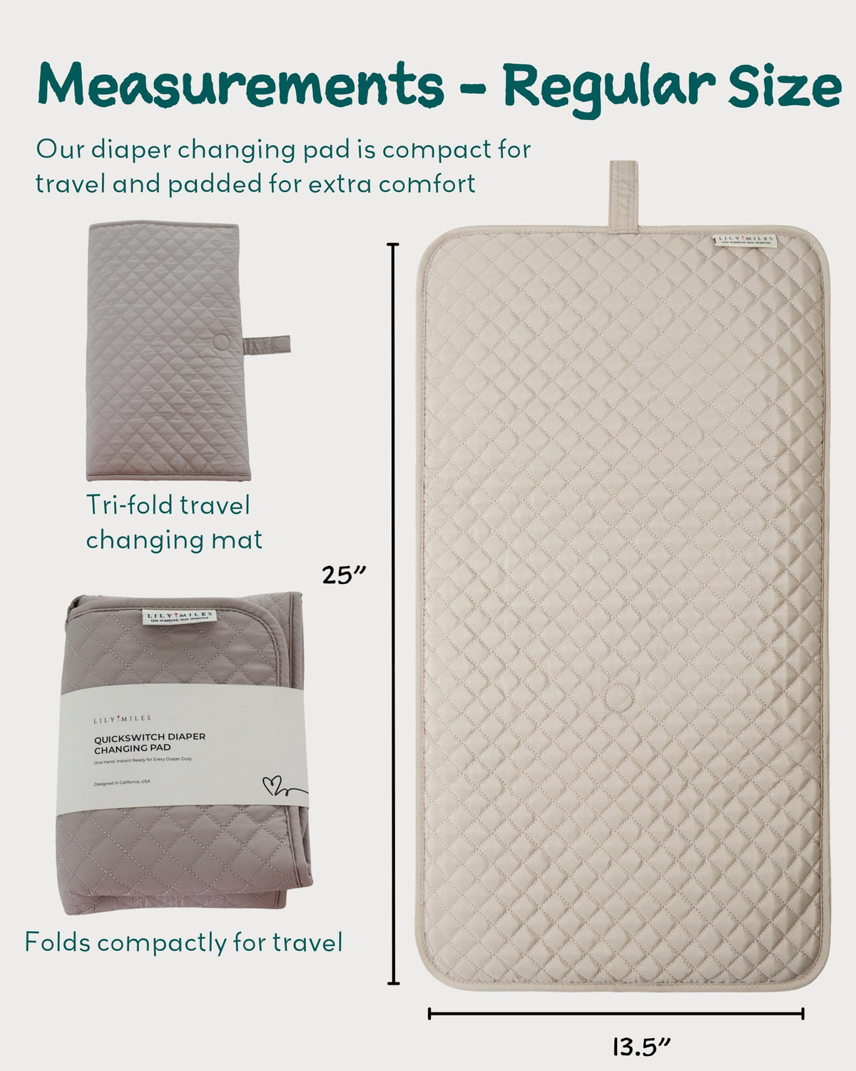 Lily Miles - Cambiador de pañales portátil, cambiador de bebé con cierres magnéticos, almohadilla de viaje para bolsa de pañales, esencial para bebé, tapete lavable e impermeable (arena suave, regular