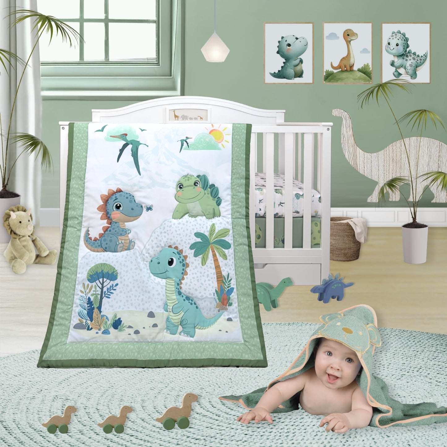 TrenD'lay - Juego de cama de 3 piezas para cuna para niños o niñas, incluye edredón y falda de cama