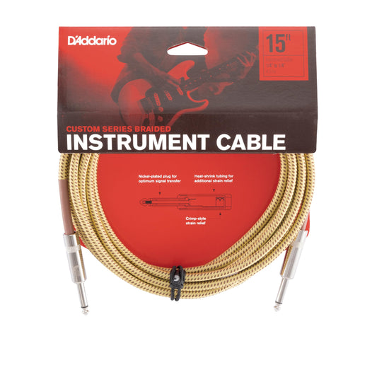 D'Addario Guitar Cable - Guitar Lead - Instrument Cable - Guitar Accessories - Custom Series Braided Cable - 15 Feet/4.57 Meters - Tweed - 1 Pack