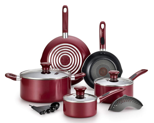 Bateria de cocina T-fal, Excite ProGlide antiadherente, Thermo-Spot indicador de calor, Set 14 piezas, color rojo, modelo B039SE64ROJA