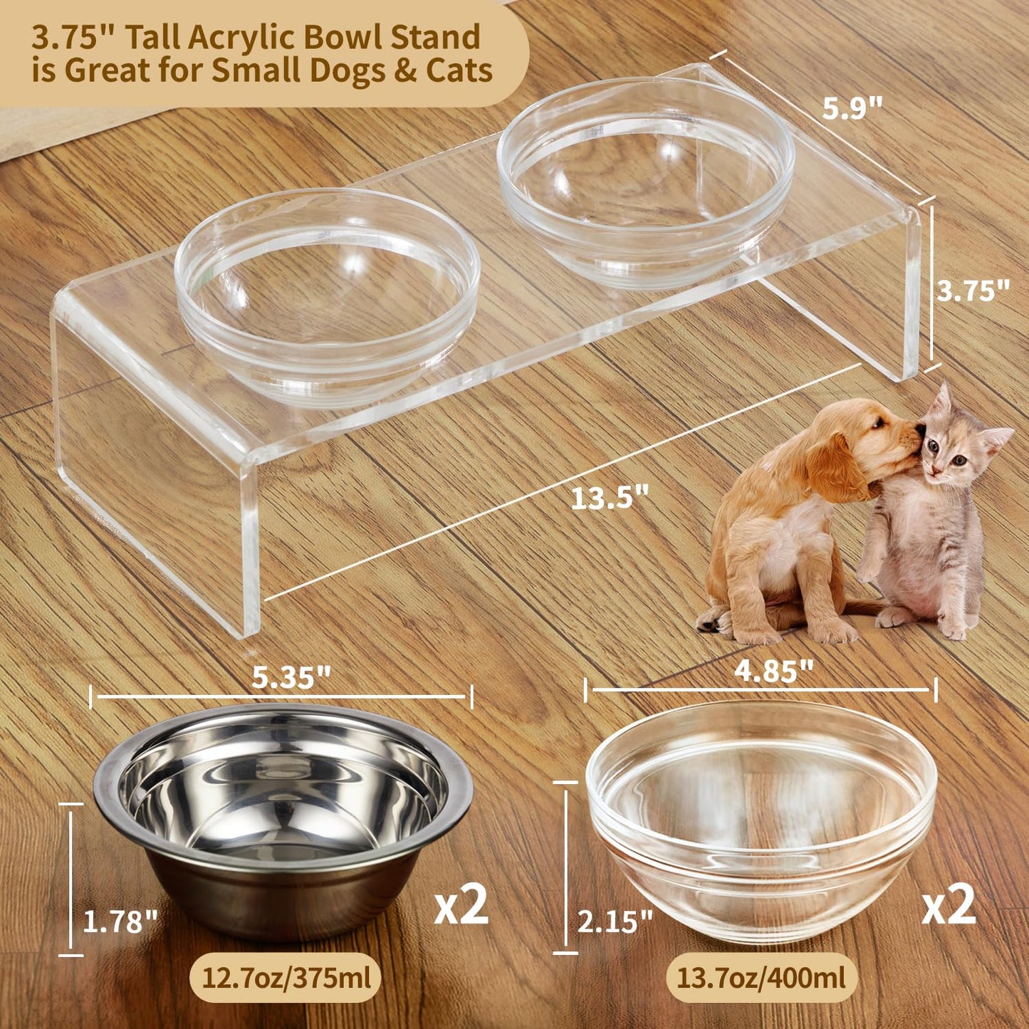 Cuencos elevados de acrílico para perros y gatos, comedero para mascotas, soporte elevado doble viene con 2 cuencos de vidrio extraíbles y 2 cuencos de acero inoxidable. Perfecto para gatos, cachorros y perros pequeños
