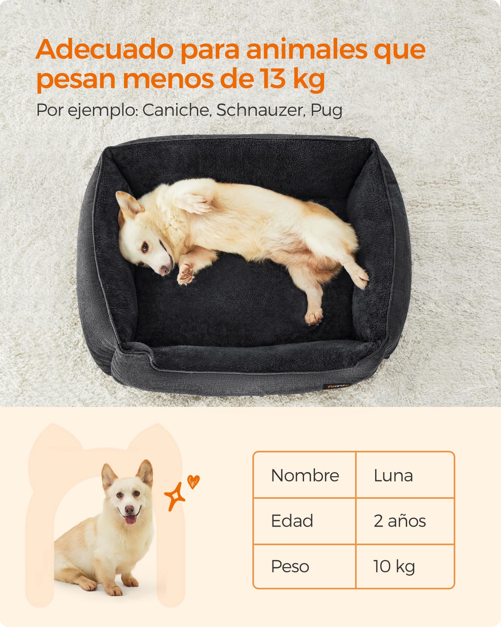Feandrea Cama para Perros, Sofá para Mascotas, 90 x 75 x 25 cm, Bordes Elevados, L, para Perros Medianos, Gris Oscuro MPGW011G01