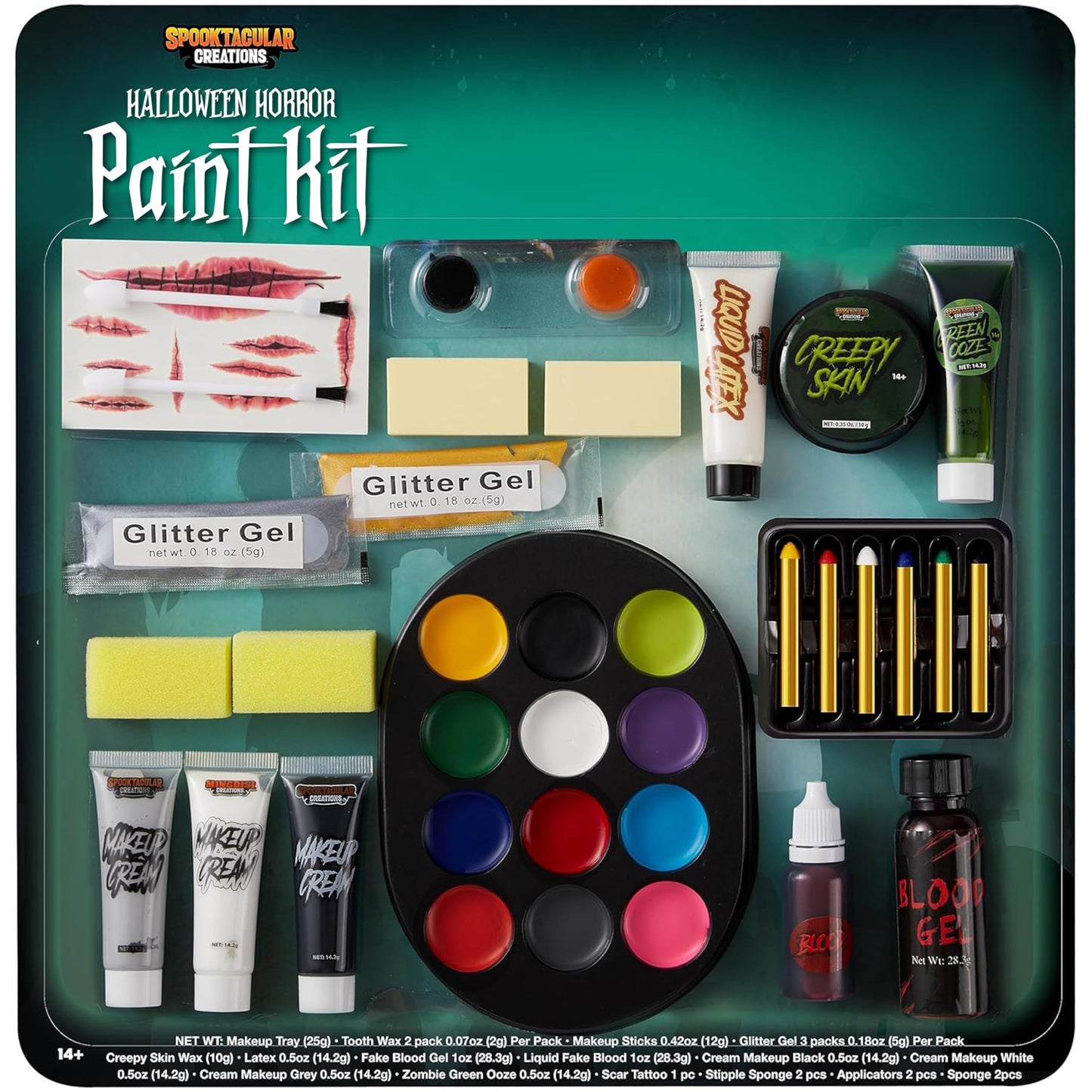 Spooktacular Creations Juego de 20 piezas de maquillaje familiar de Halloween con cicatriz, esponjas, maquillaje en crema, disfraz de sangre falsa fácil de poner y quitar para suministros de fiesta de Halloween
