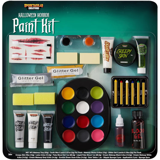 Spooktacular Creations Juego de 20 piezas de maquillaje familiar de Halloween con cicatriz, esponjas, maquillaje en crema, disfraz de sangre falsa fácil de poner y quitar para suministros de fiesta de Halloween