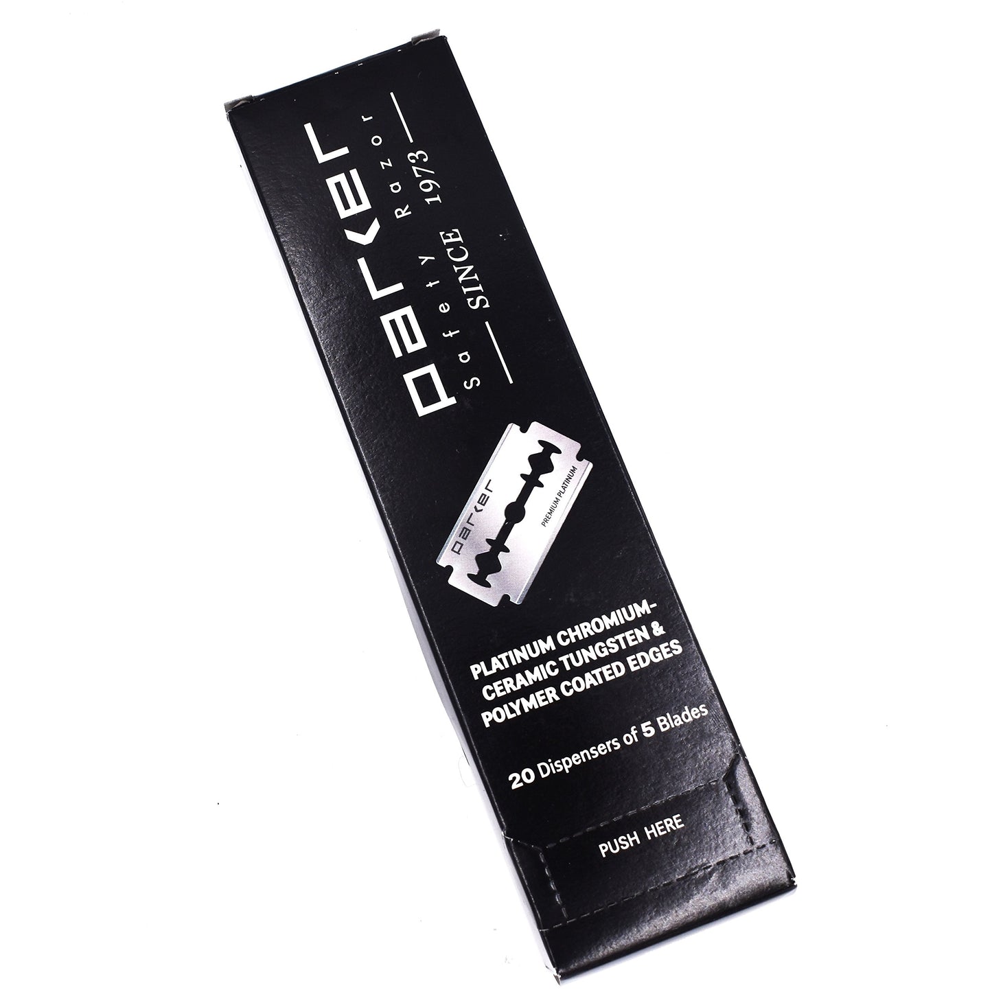 Cuchillas de Afeitar de Seguridad de Doble Filo de Parker, 100 unidades (20 x 5), Cuchillas de Afeitar de Platino Premium con Bordes Recubiertos de Platino, Tungsteno y Cromo
