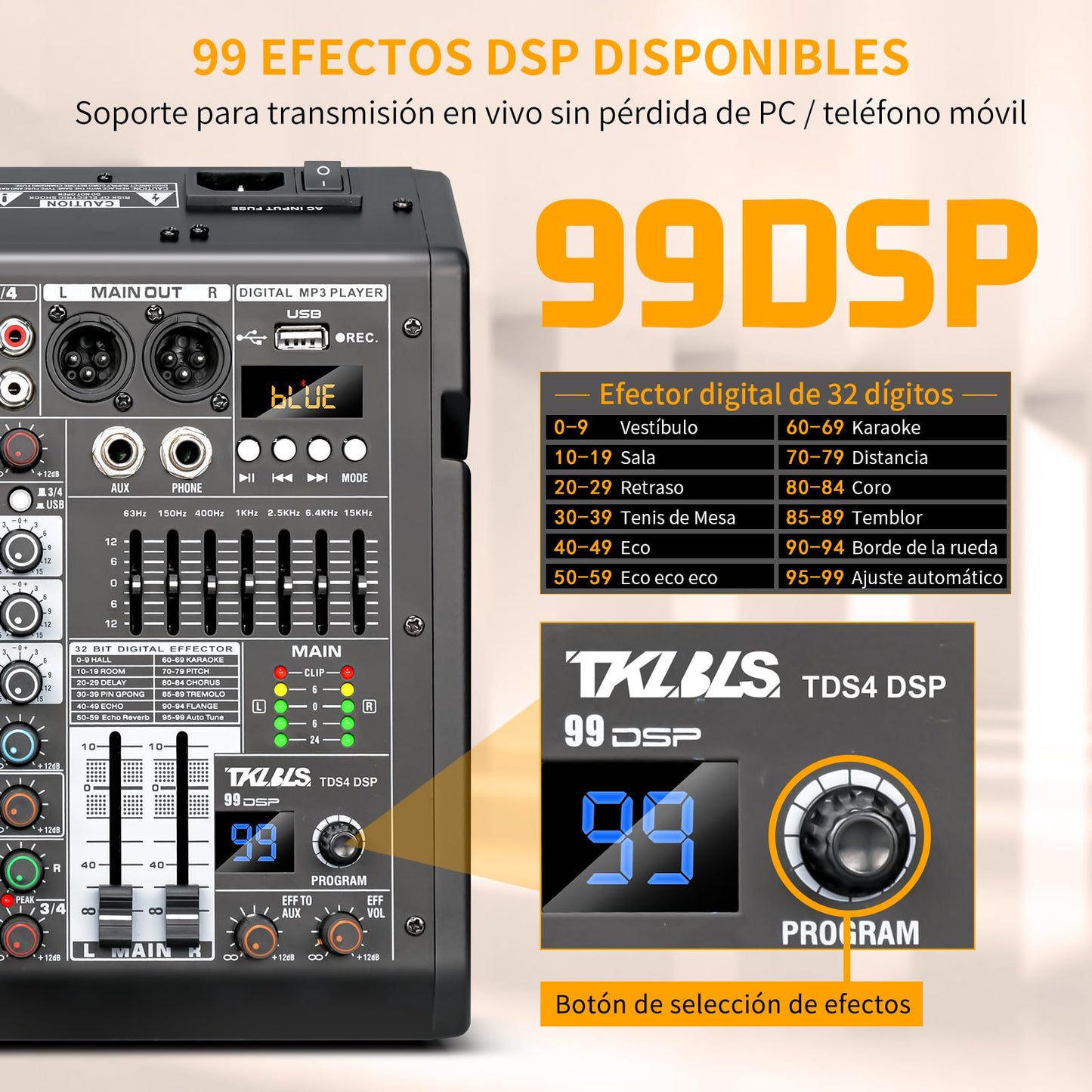 Mezclador de Audio TKLBLS Estéreo con Consola de Mezcla DSP de 4 Canales y Salida de EQ de 7 Bandas