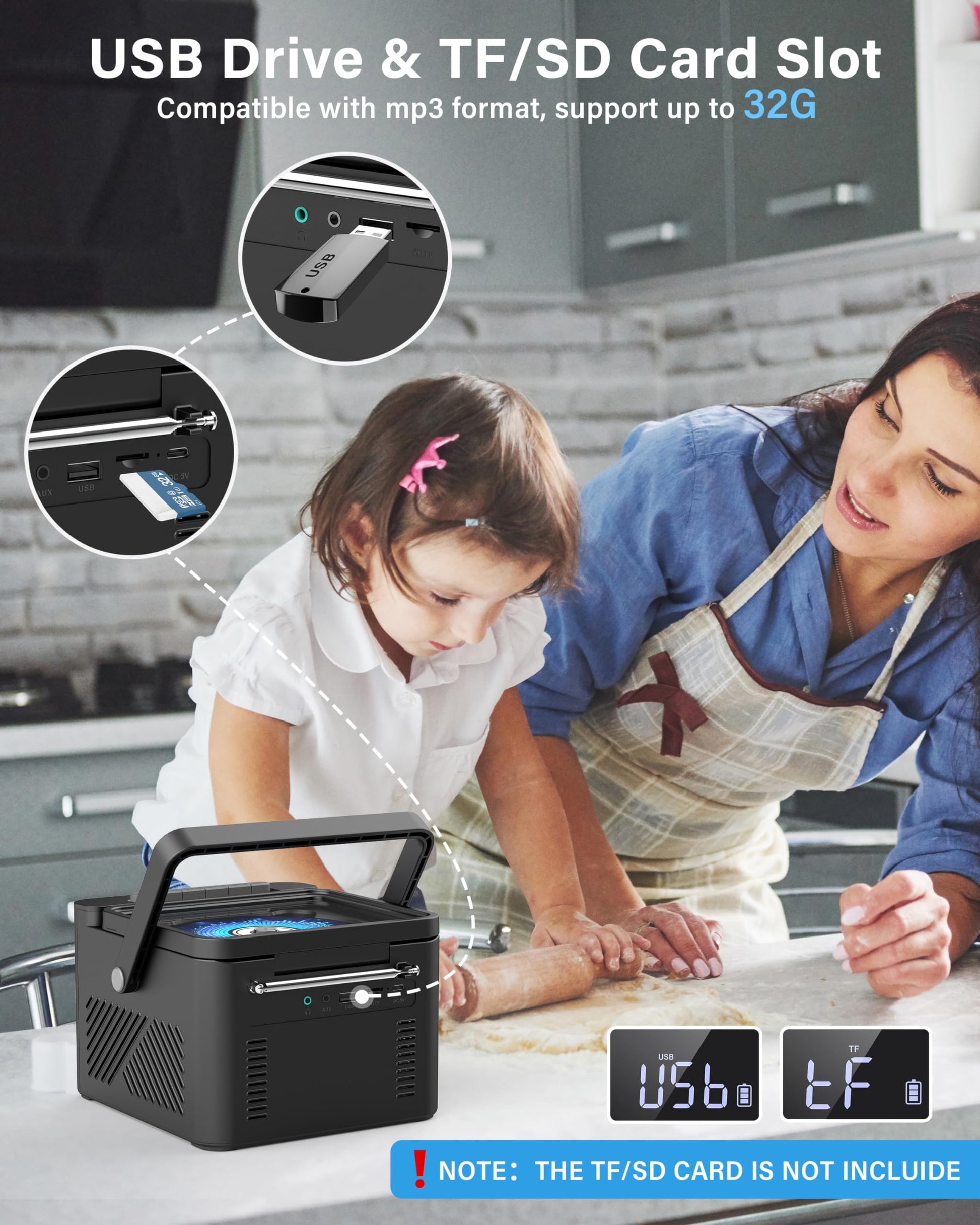 Boombox - Reproductor de CD de casete Bluetooth5.1 con batería de 5000 mAh, altavoces estéreo duales de 5 W, reproductor de CD recargable con radio FM, control remoto, grabación de cinta, conector de