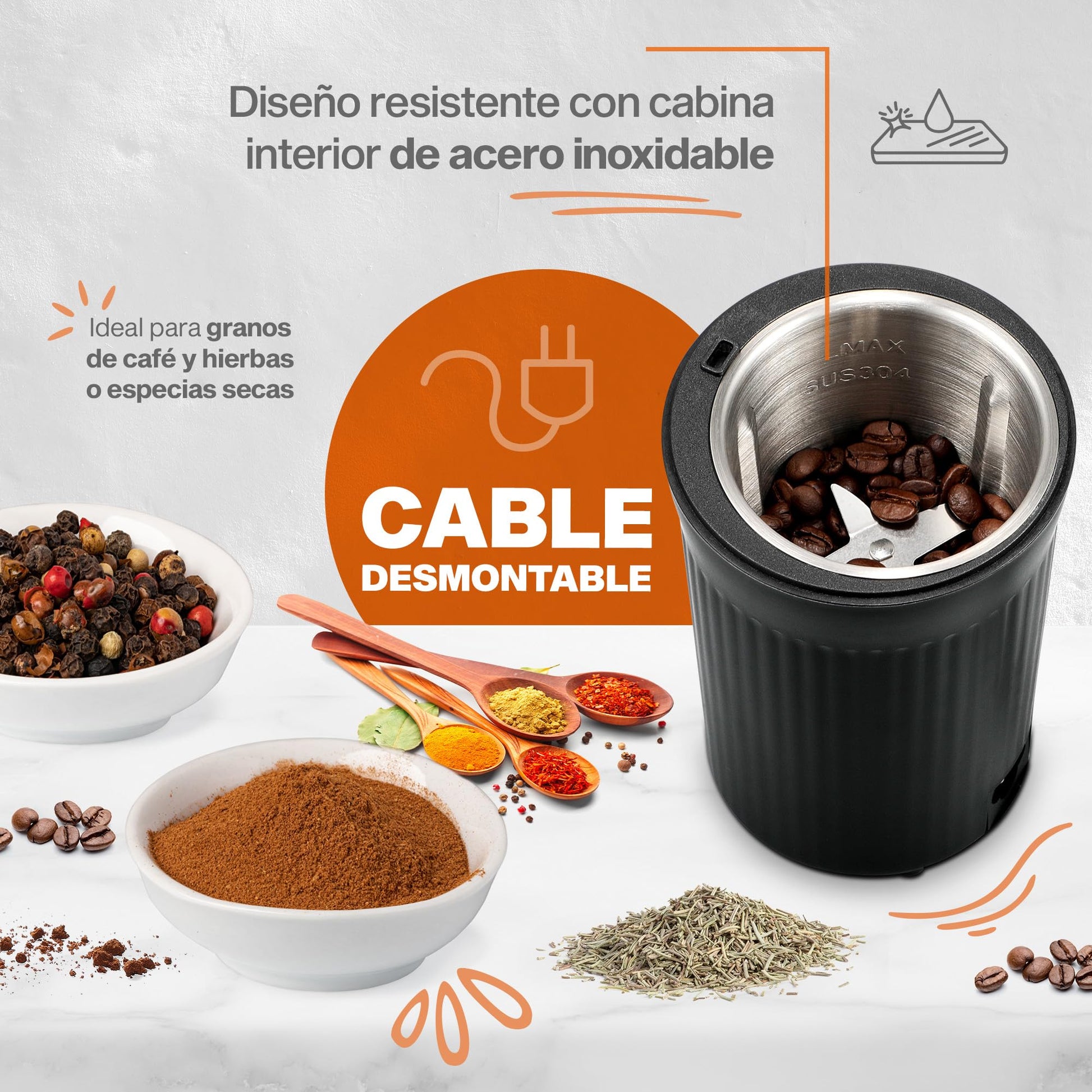 Hukën x MasterChef | Molino Eléctrico de Café y Especias | Negro Matte | Molido Preciso | Aspas de Acero Inoxidable | Capacidad 60 g | Potencia Duradera