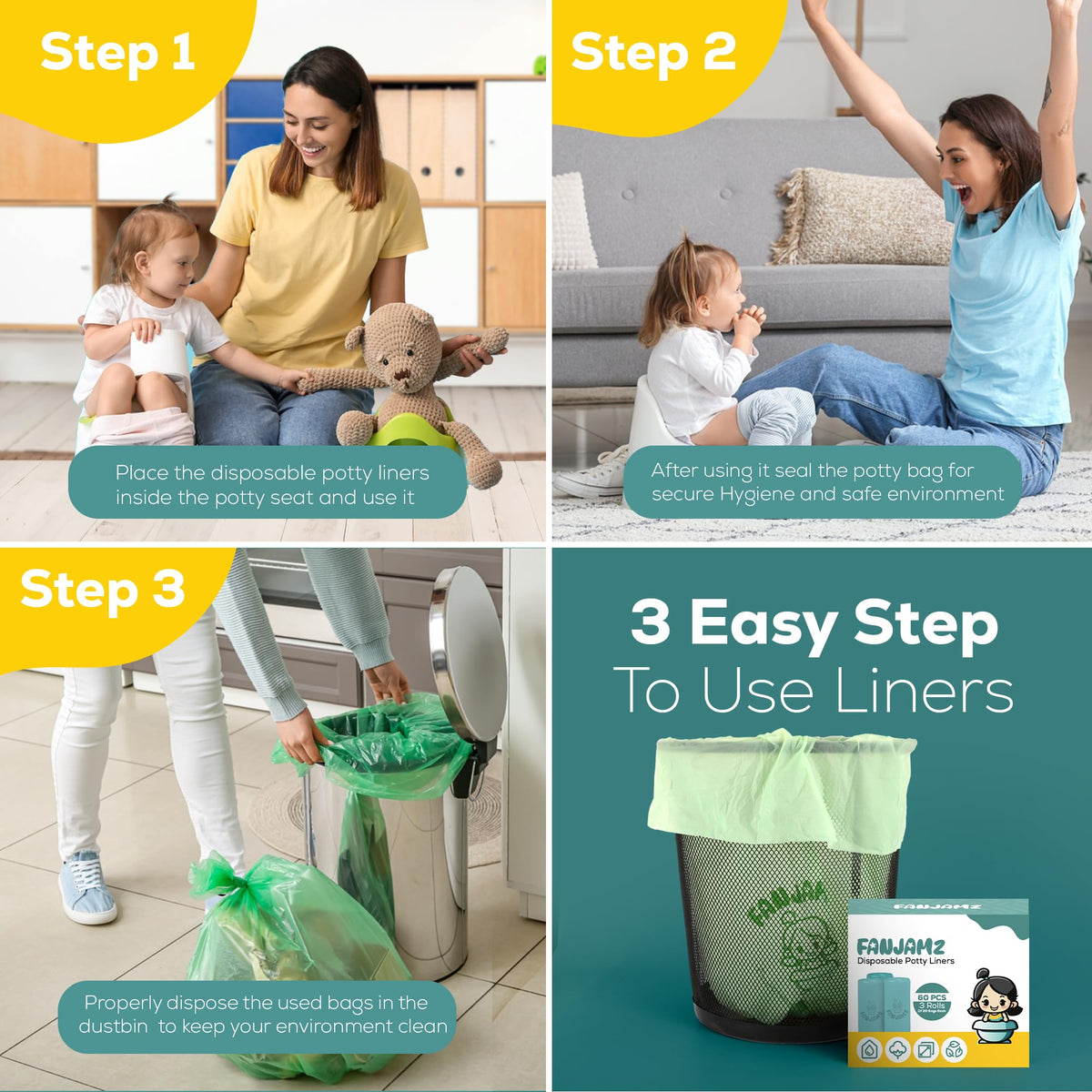 Bolsas para inodoro portátil, con certificación OK Compost para baño, 5 litros, a prueba de fugas, ideales para bebés y mascotas