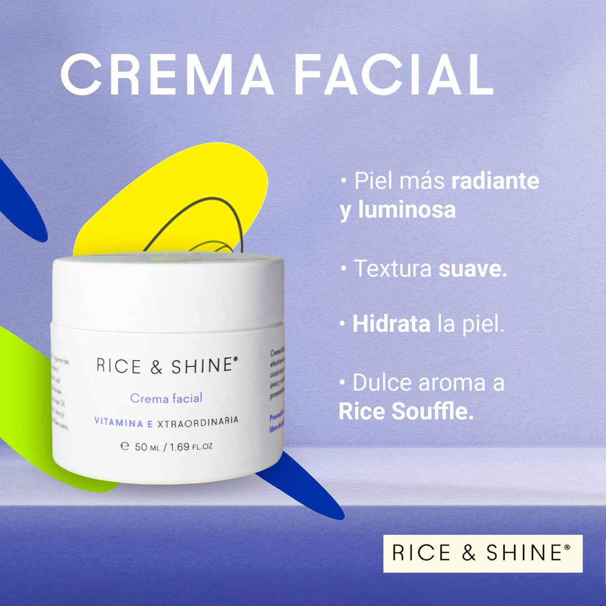 RICE & SHINE | Crema Hidratante Facial Skin Care con Aceite de Germen de Arroz | Textura Suave y Aterciopelada | 100% Natural | 60% más de Vitamina E que el Aceite de Argán