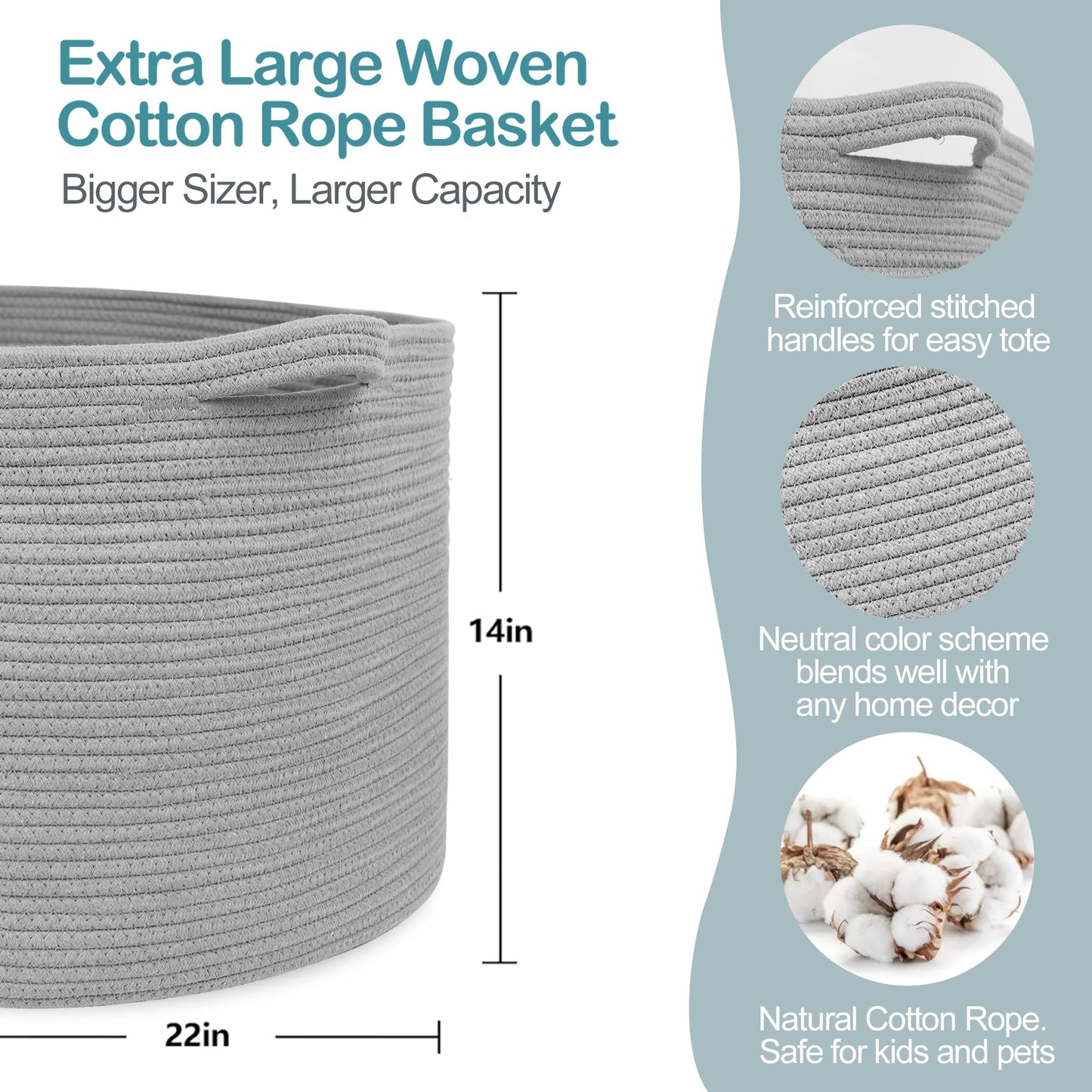 MEGASKET Cesta de almacenamiento extragrande gris, 22 x 22 x 14 pulgadas, cesta de manta XXXL para sala de estar, cestas de cuerda de algodón tejido de mimbre gris para almacenamiento, cestas