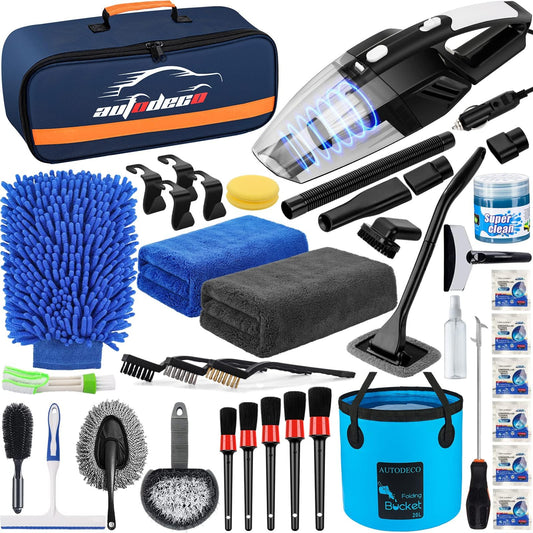 AUTODECO - Kit de 41 piezas de limpieza de coche, kit de limpieza de detalles interiores con aspiradora de mano de alta potencia, cubeta plegable, herramienta para parabrisas, pala de nieve, cepillo