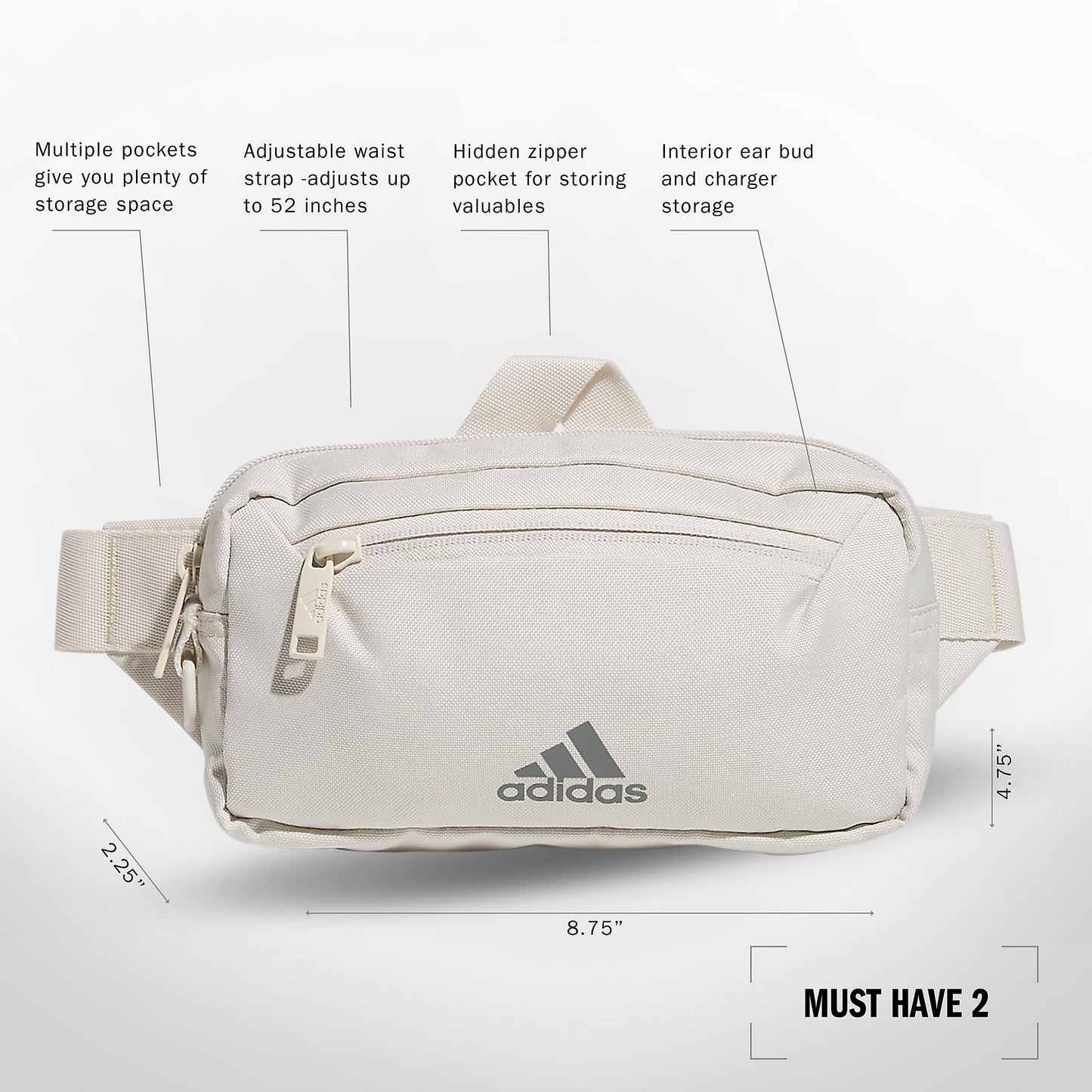 adidas Must Have 2.0 - Riñonera cruzada con correa ajustable para festivales y viajes, Beige alúmina, Una talla, Bolsa de cinturón 2.0 imprescindible con correa ajustable para festivales y viajes