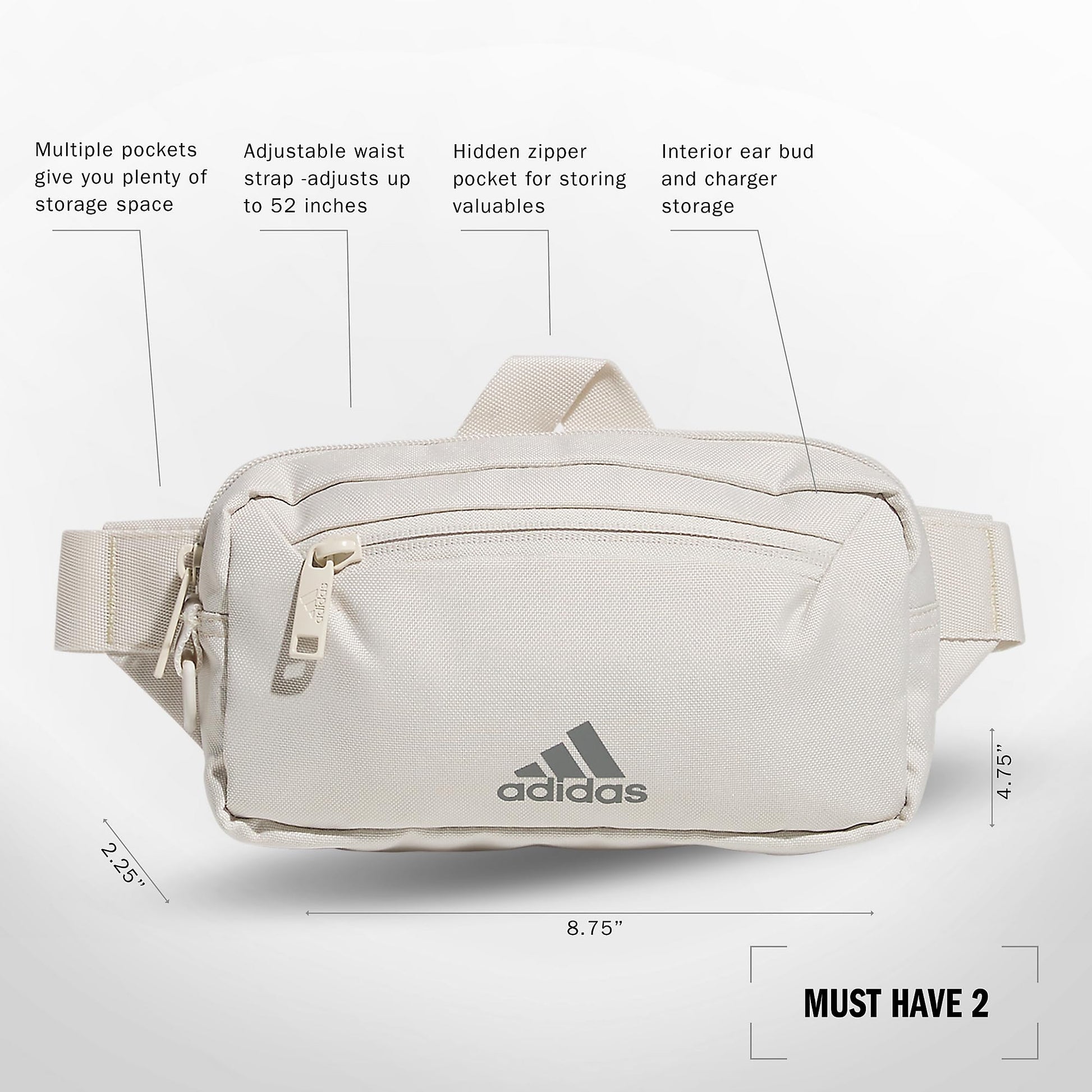 adidas Must Have 2.0 - Riñonera cruzada con correa ajustable para festivales y viajes, Beige alúmina, Una talla, Bolsa de cinturón 2.0 imprescindible con correa ajustable para festivales y viajes