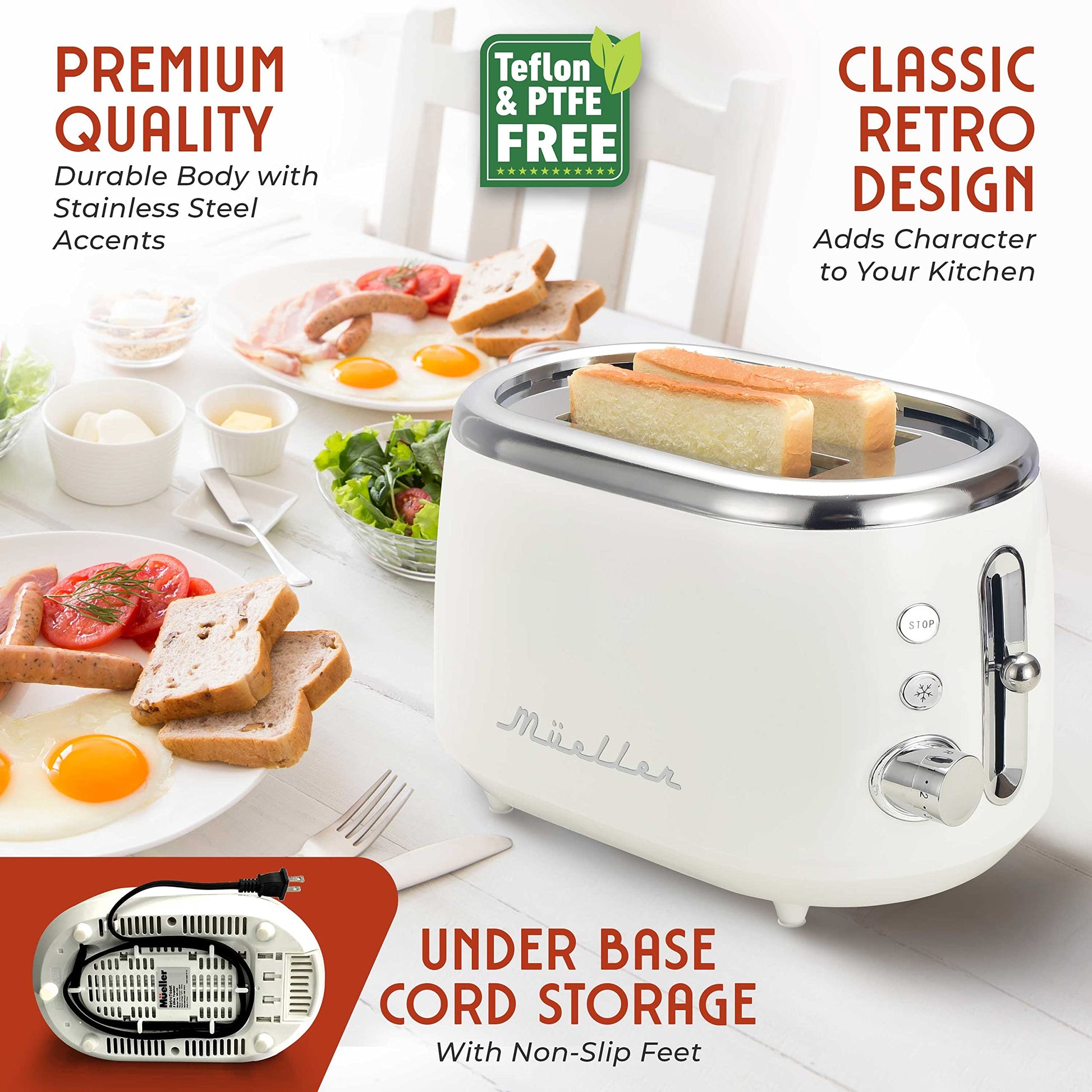 MÜELLERHOME tostador retro de 2 rebanadas, 7 niveles de dorado, 3 funciones (recalentar, descongelar, cancelar), bandeja extraíble para migas, almacenamiento de cable debajo de la base,