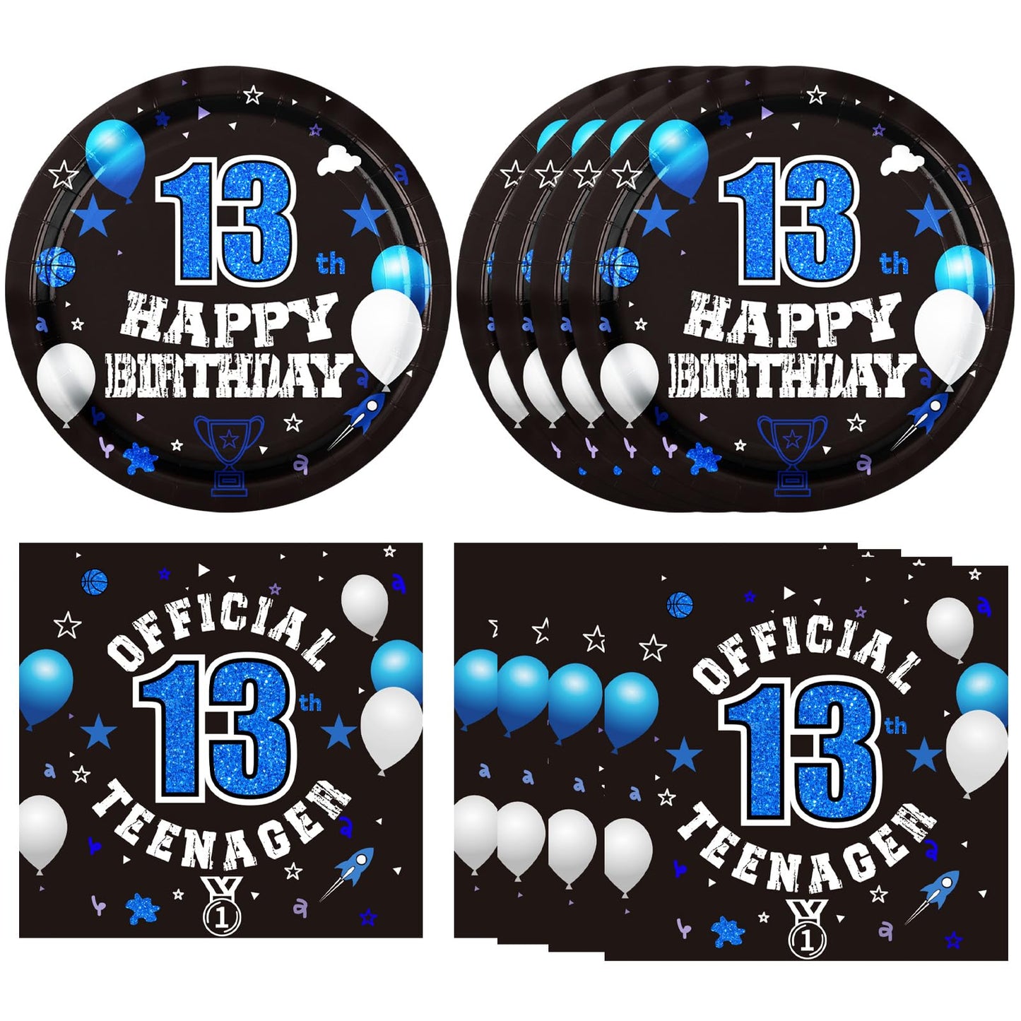 DURYGEN - Juego de 40 piezas de decoraciones de 13 cumpleaños para niños, platos y servilletas desechables de 13 cumpleaños, color azul, suministros de fiesta de 13 cumpleaños para niños y