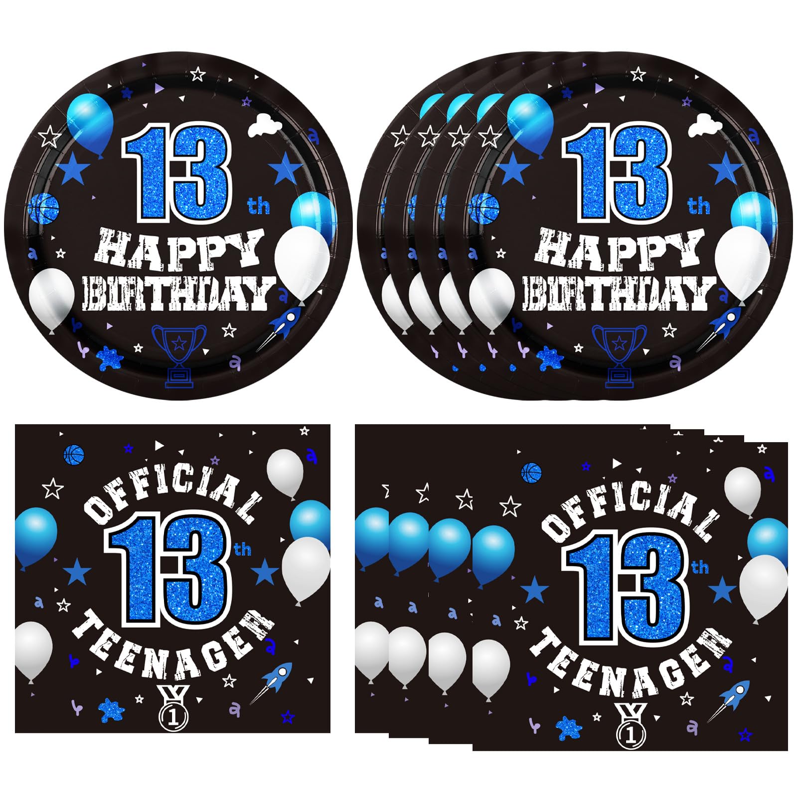 DURYGEN - Juego de 40 piezas de decoraciones de 13 cumpleaños para niños, platos y servilletas desechables de 13 cumpleaños, color azul, suministros de fiesta de 13 cumpleaños para niños y