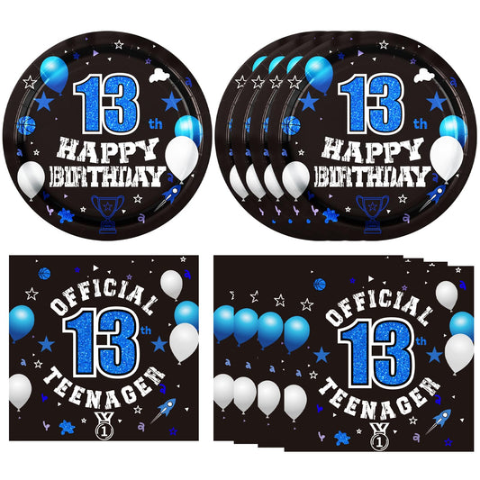DURYGEN - Juego de 40 piezas de decoraciones de 13 cumpleaños para niños, platos y servilletas desechables de 13 cumpleaños, color azul, suministros de fiesta de 13 cumpleaños para niños y