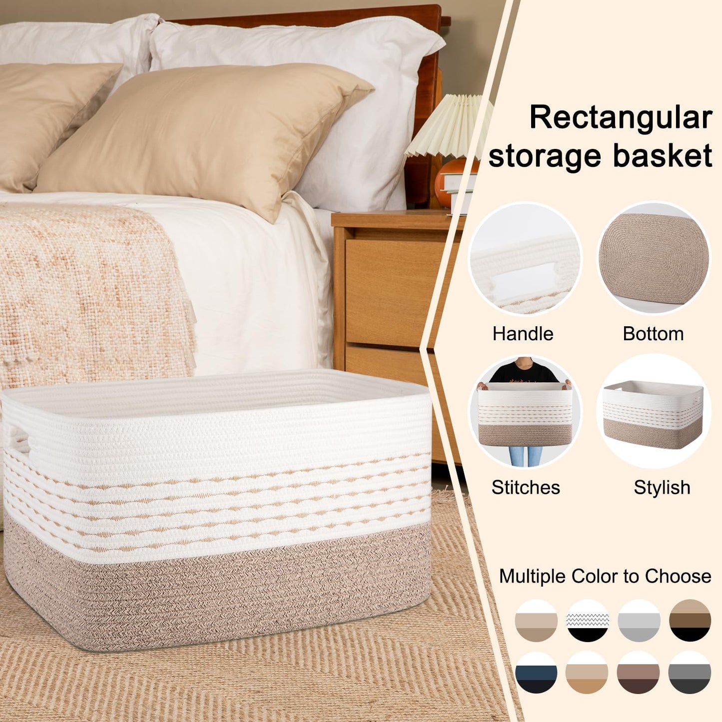 OIAHOM - Cesta de manta extragrande de 75 litros, 55,8 x 43,2 x 38,1 cm, cestas de cuerda de algodón tejidas rectangulares para sala de estar, almacenamiento de juguetes con asa, color café claro