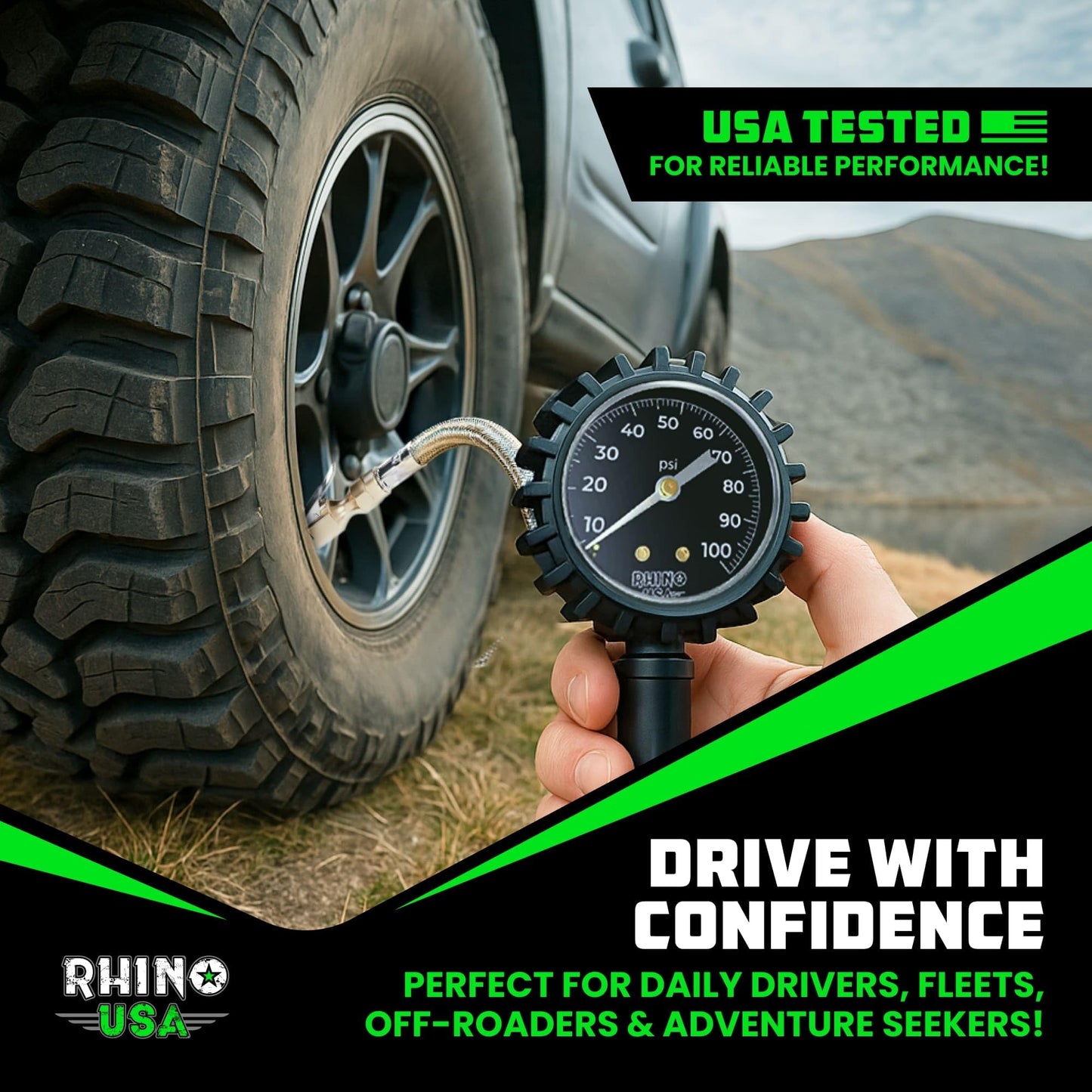 Medidor de Presión de Llantas Rhino USA Negro Boquilla Reforzada con Esfera Analógica Grande para Camioneta y Casas Rodantes