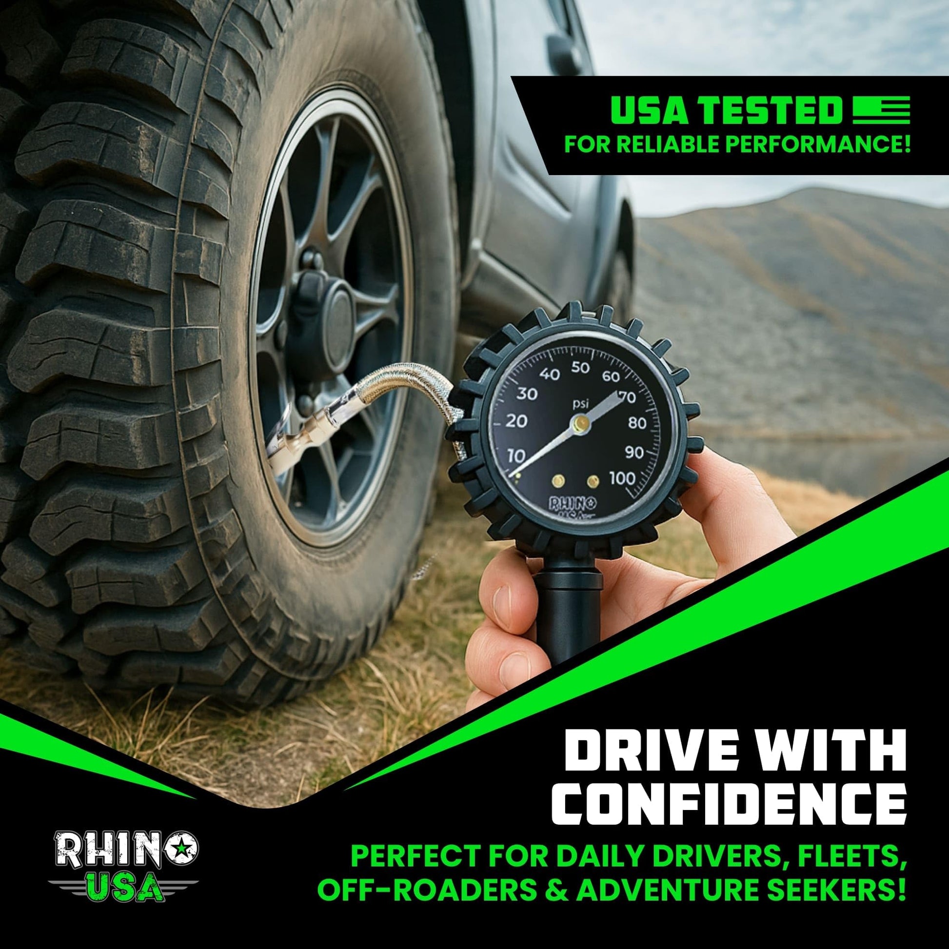Medidor de Presión de Llantas Rhino USA Negro Boquilla Reforzada con Esfera Analógica Grande para Camioneta y Casas Rodantes