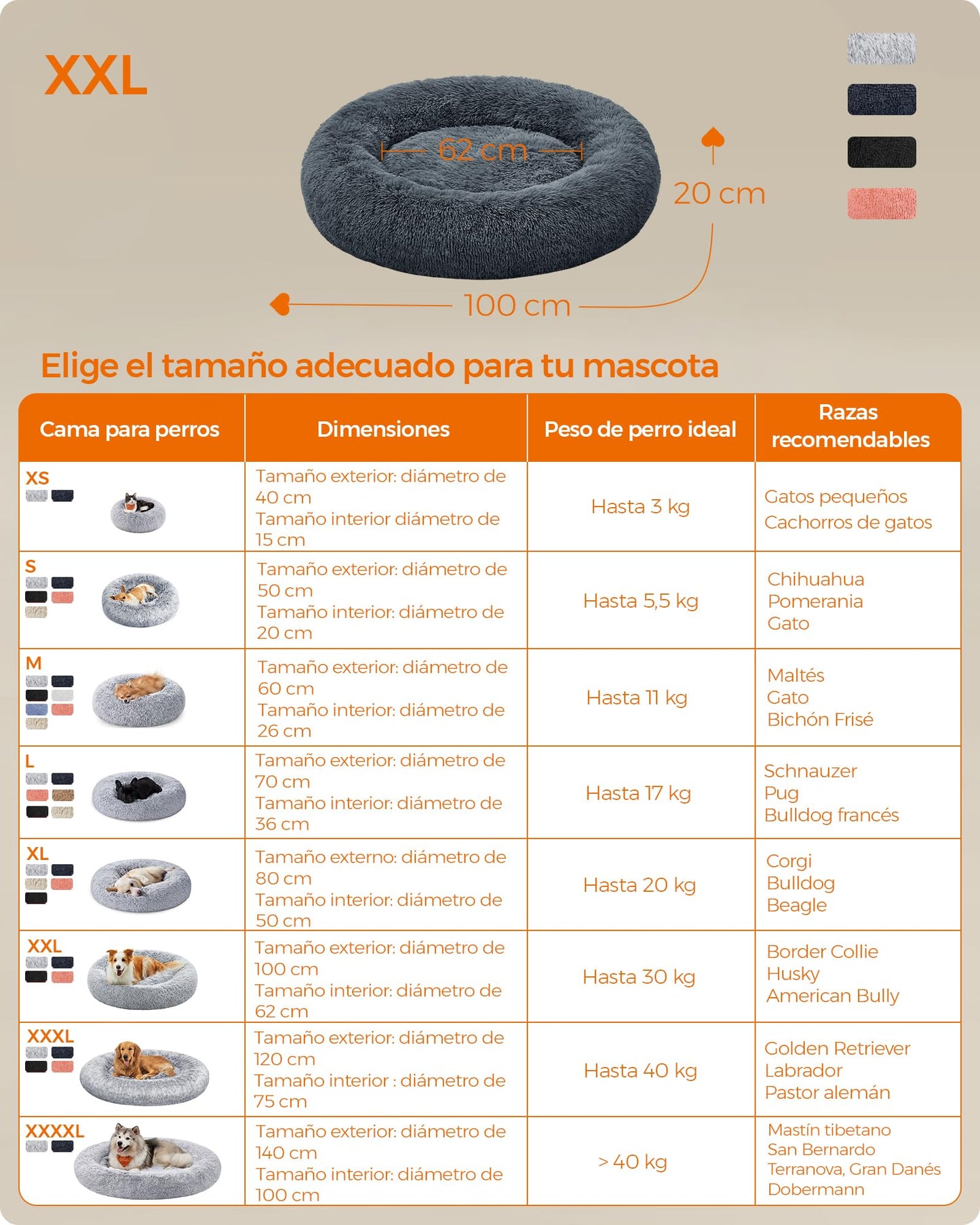 Feandrea Cama de Perros, Cama para Mascotas, Diámetro de 100 cm, Cojín Central Extraíble y Lavable, Alfombra de Felpa, Gris Oscuro MPGW042G02