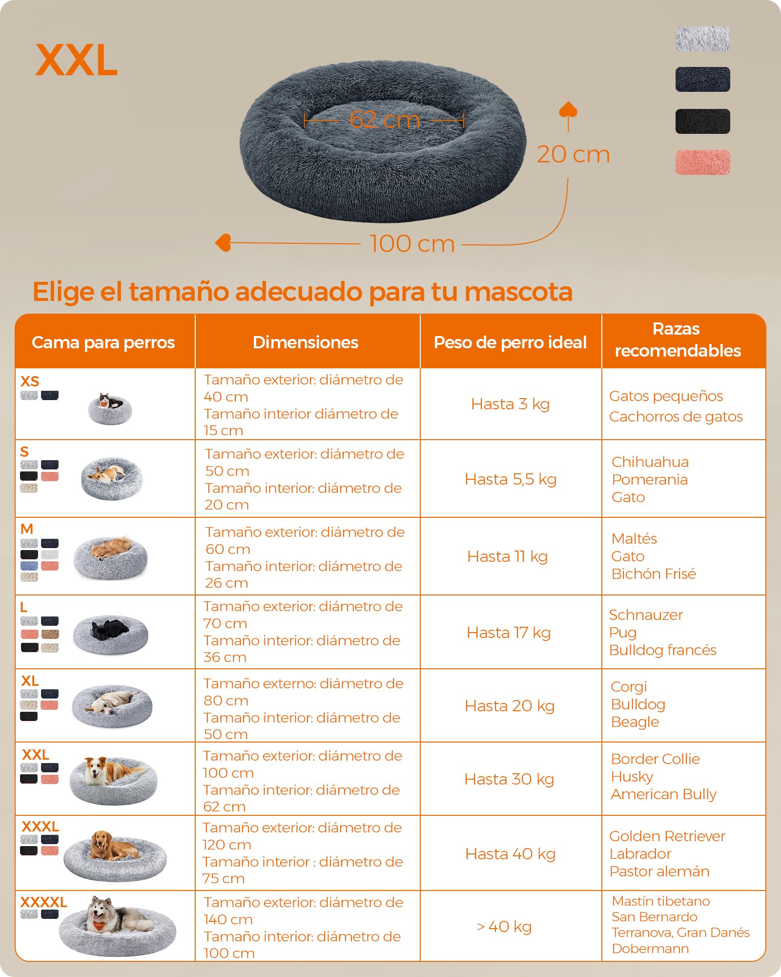 Feandrea Cama de Perros, Cama para Mascotas, Diámetro de 100 cm, Cojín Central Extraíble y Lavable, Alfombra de Felpa, Gris Oscuro MPGW042G02