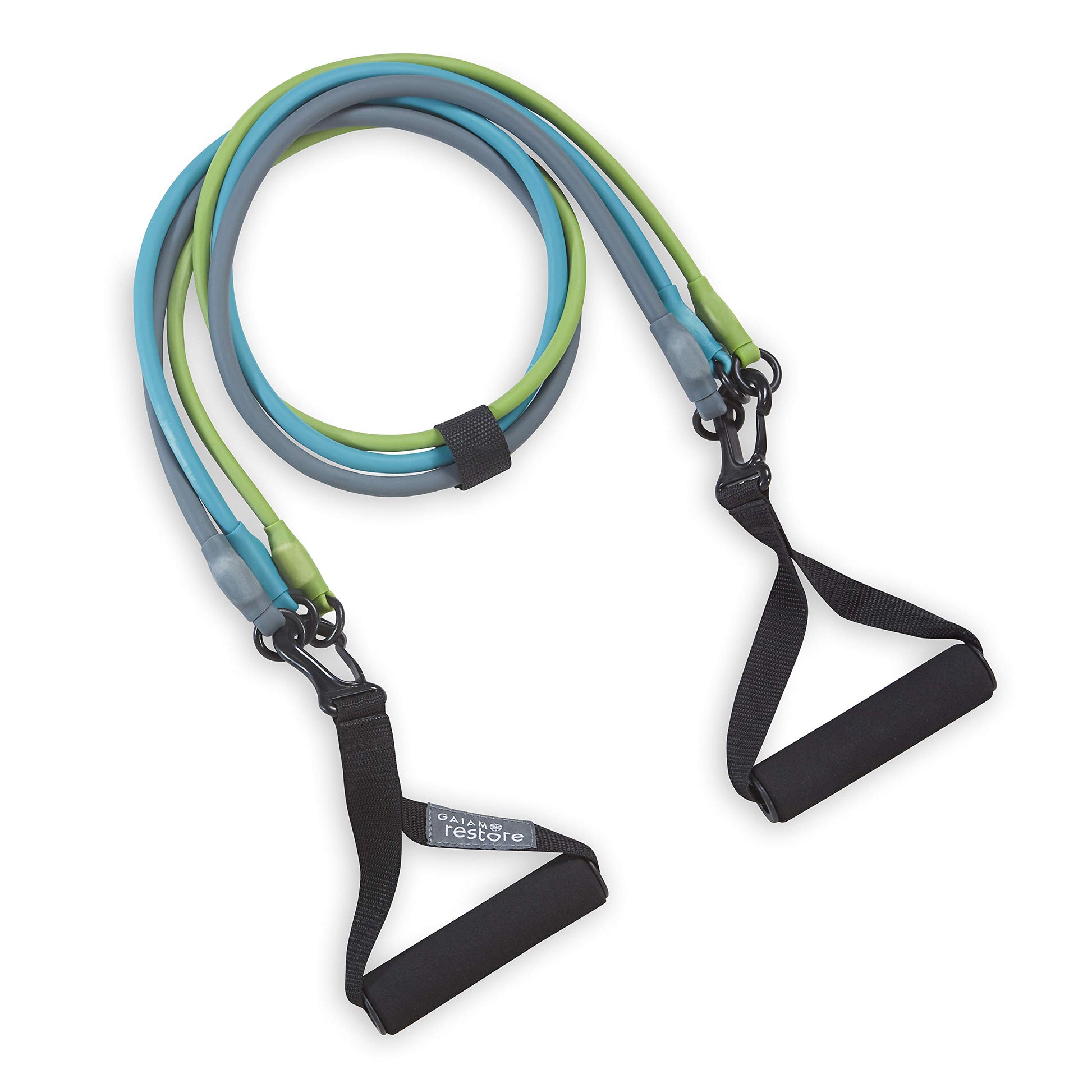 Gaiam - Kit de Banda de Resistencia 3 en 1 con Asas de Agarre cómodo y Bandas de Fuerza Intercambiables para Entrenamiento de Alta Intensidad