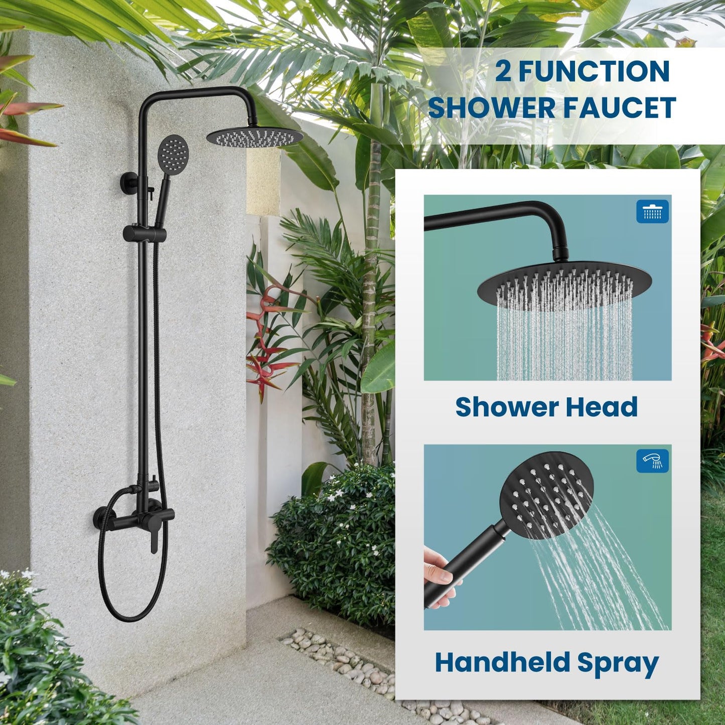 gotonovo SUS304 - Juego de accesorios de ducha para exteriores, sistema de ducha de lluvia de alta presión, montaje en pared, 2 cabezales de ducha de doble función de 8 pulgadas y rociador de mano