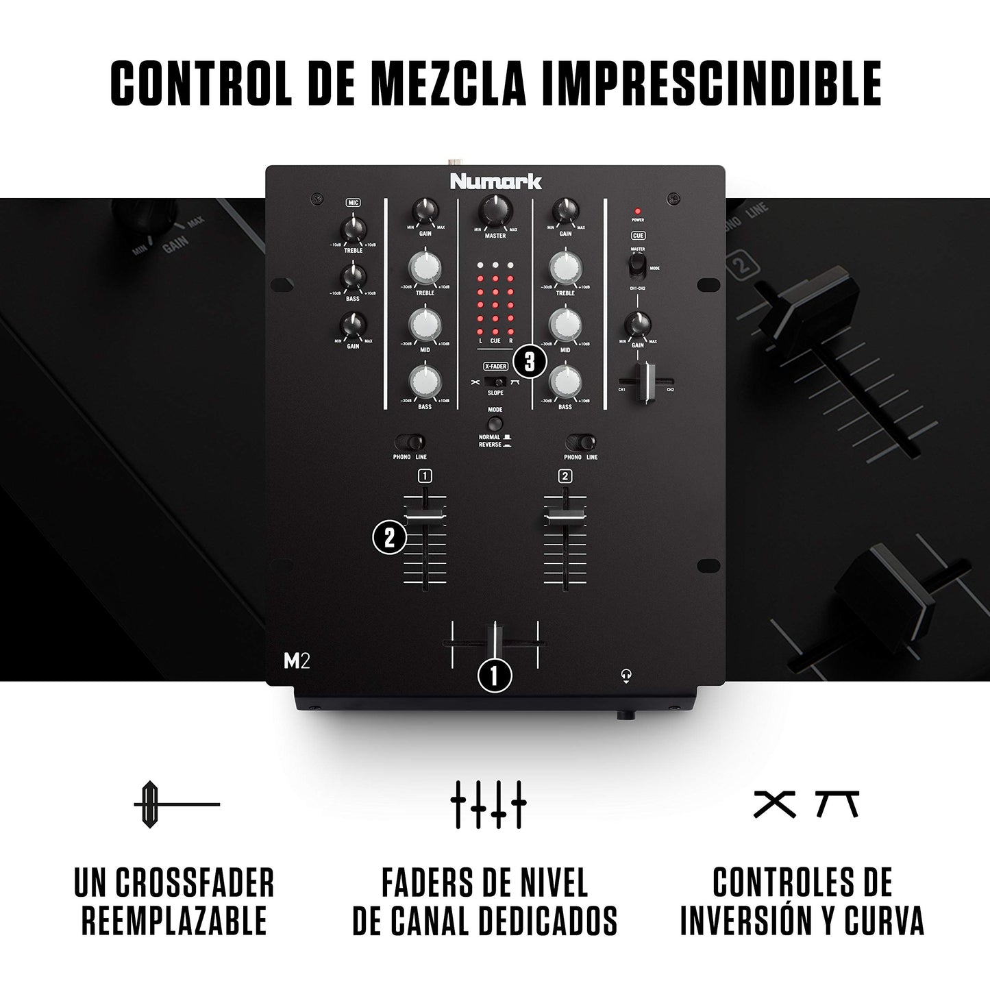 Mezclador de DJ Numark M2 Negro con Crossfader Reemplazable y EQ 3 Bandas