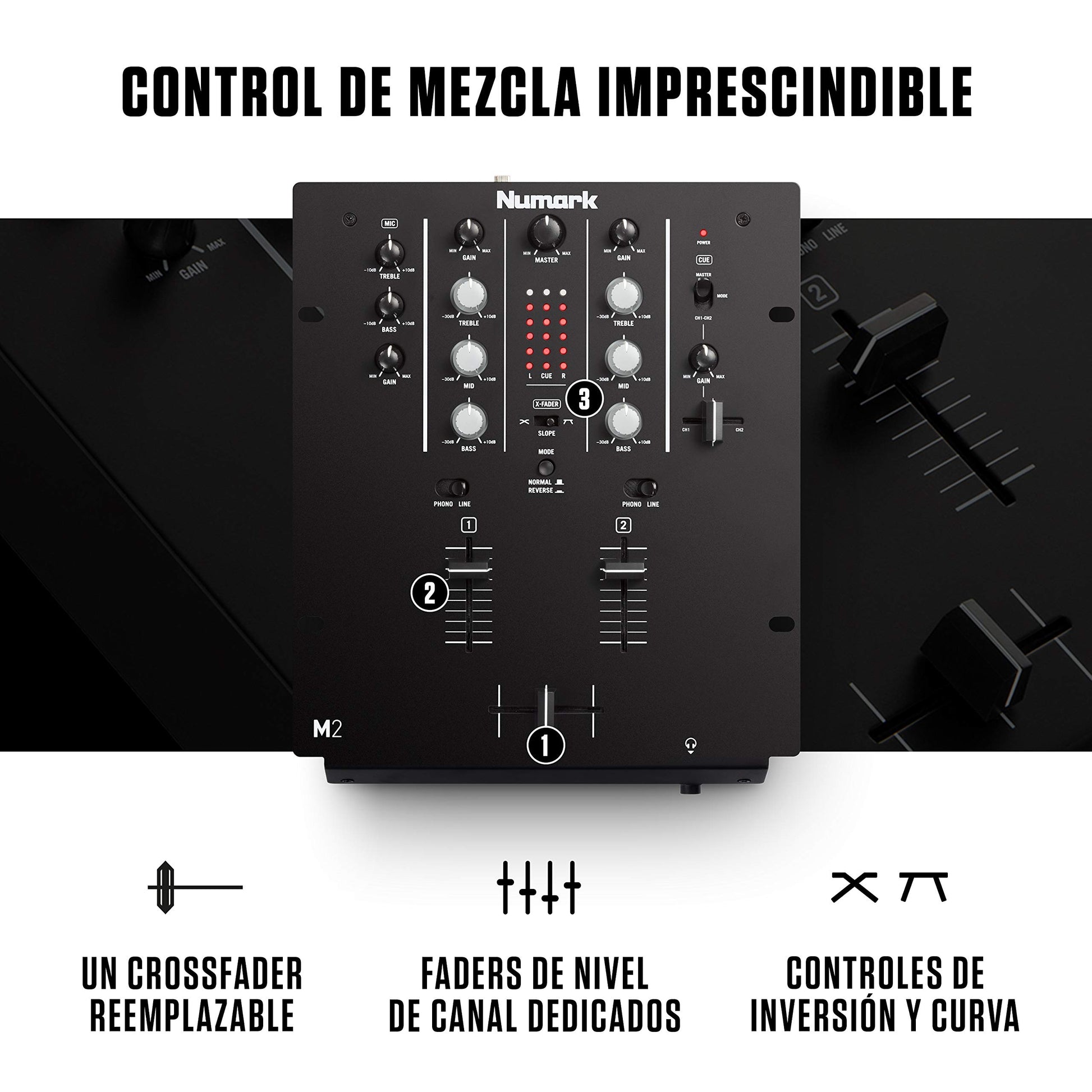 Mezclador de DJ Numark M2 Negro con Crossfader Reemplazable y EQ 3 Bandas
