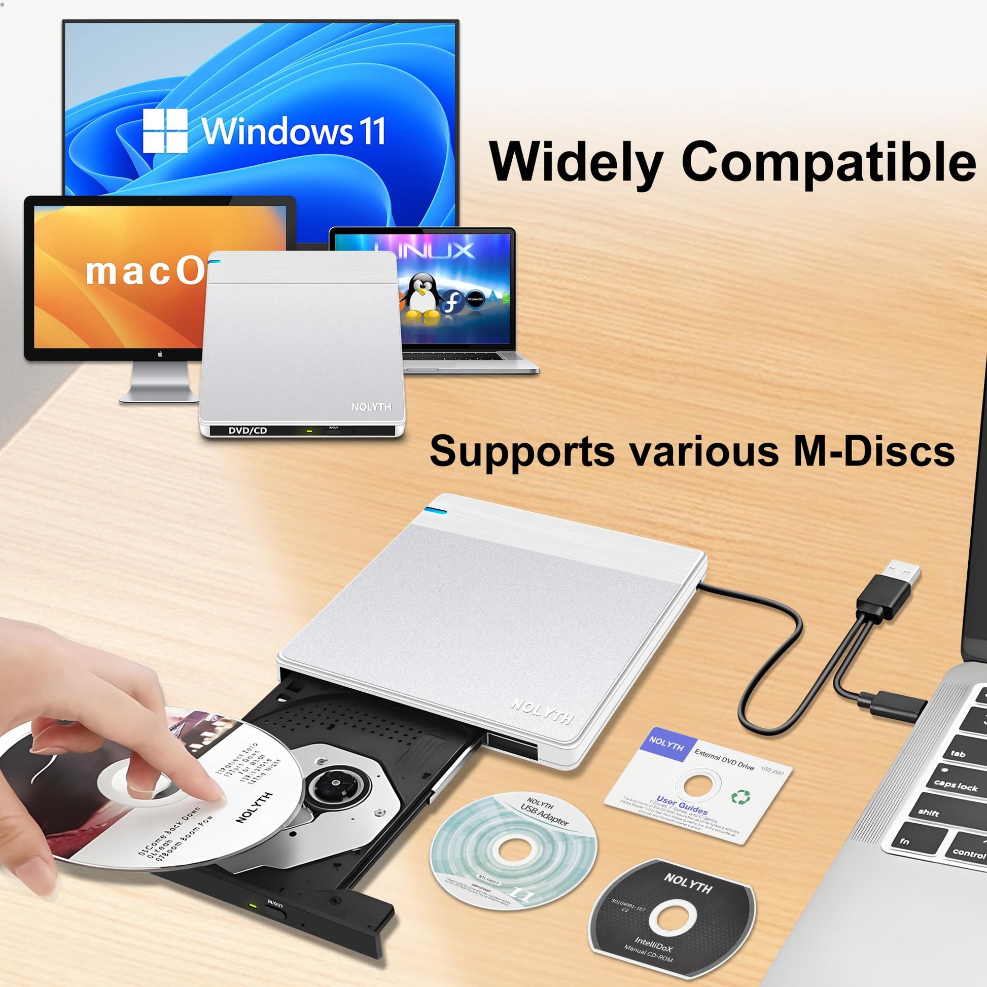 Unidad de CD y DVD Externa NOLYTH Plateado con Grabadora USB y Alta Velocidad