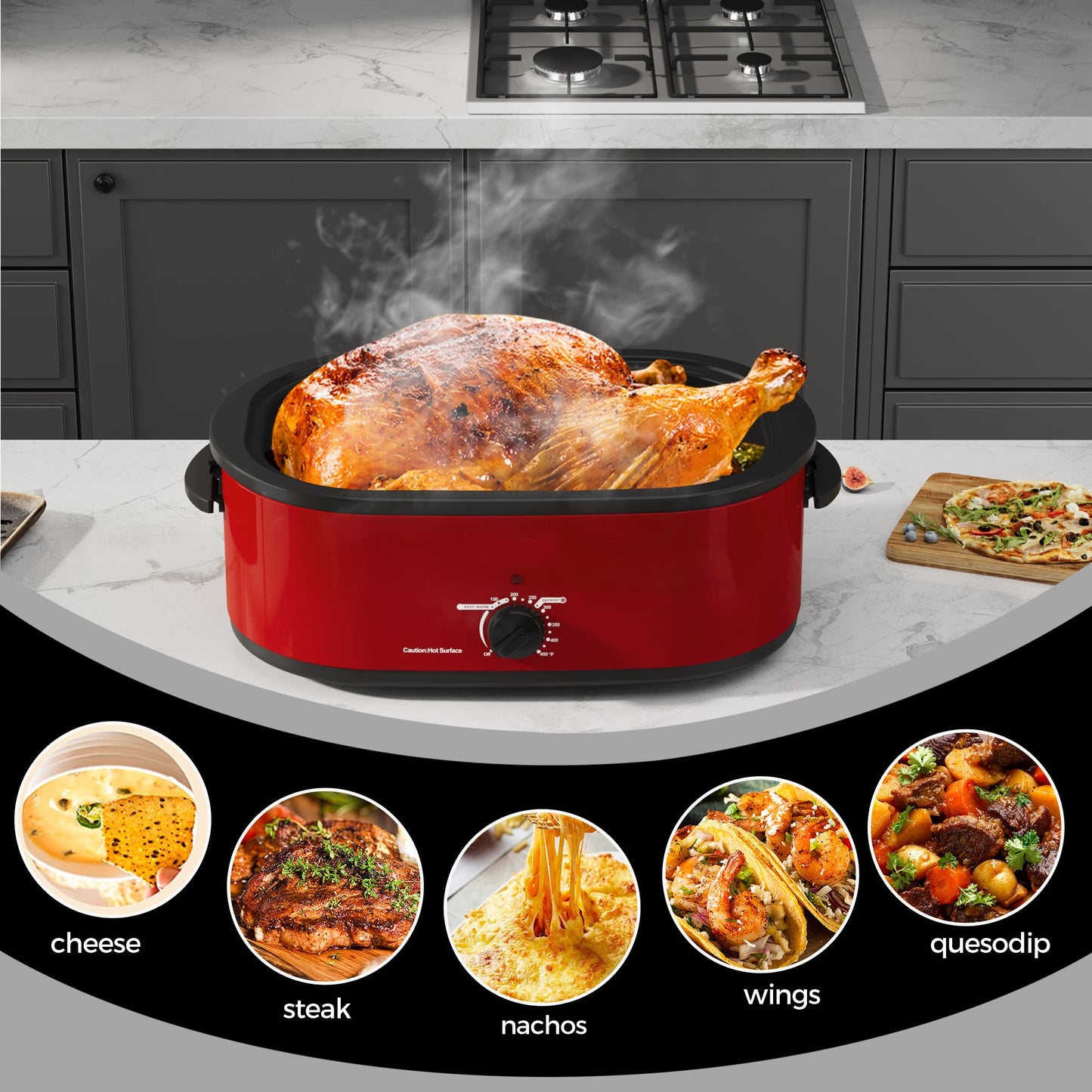 Asador Eléctrico Acero Inoxidable Rojo con Tapa Autohilado y Temperatura Ajustable