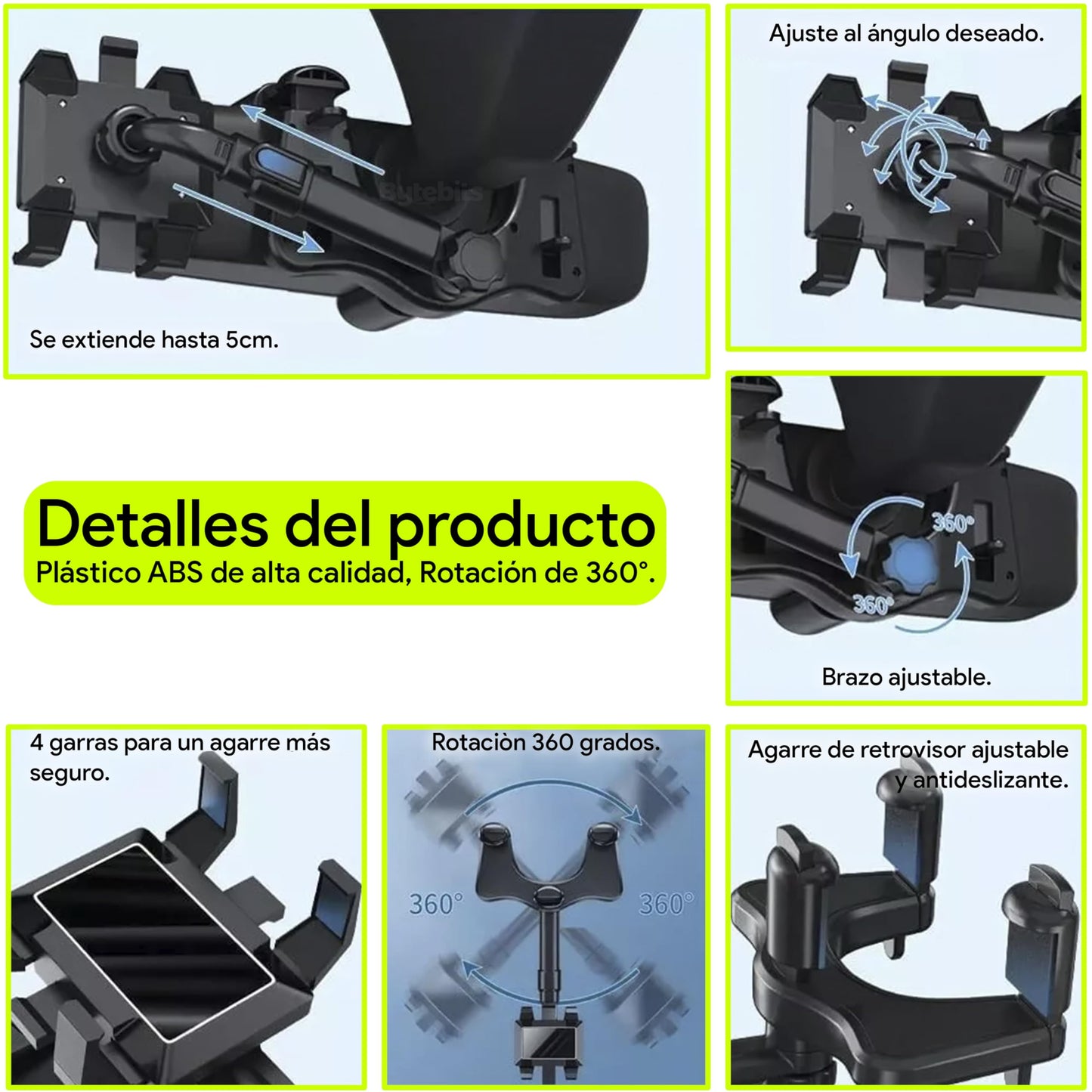 Bytebits Soporte de Retrovisor de Coche Base para Celular Multi ángulo con Rotación de 360 Grados Multi posición Horizontal y Vertical para Espejo de Automóvil Universal
