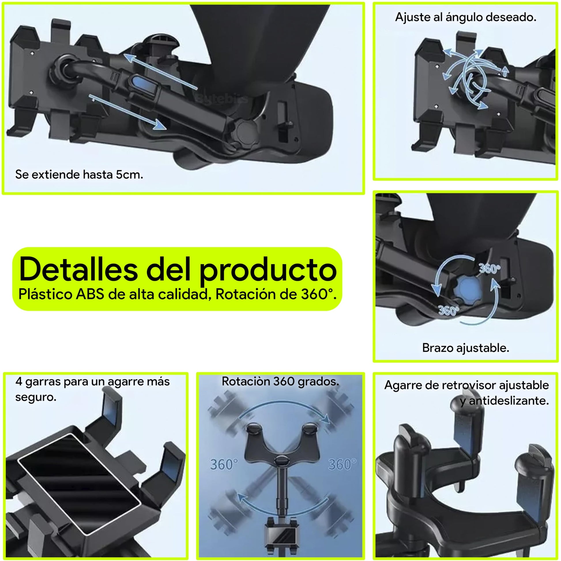 Bytebits Soporte de Retrovisor de Coche Base para Celular Multi ángulo con Rotación de 360 Grados Multi posición Horizontal y Vertical para Espejo de Automóvil Universal
