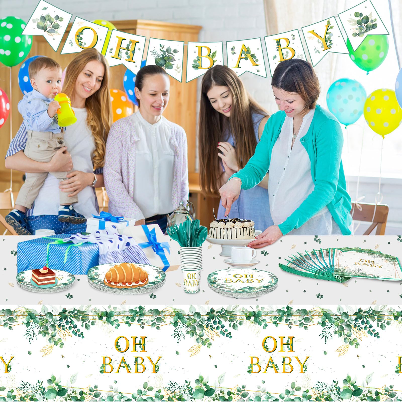 Juego de vajilla de 180 piezas de Sage Greenery Oh para fiesta de bebé, mantel de hoja de eucalipto, 24 platos de cena, plato de postre y servilletas para niño y niña, salvia, suministros de decoración de fiesta