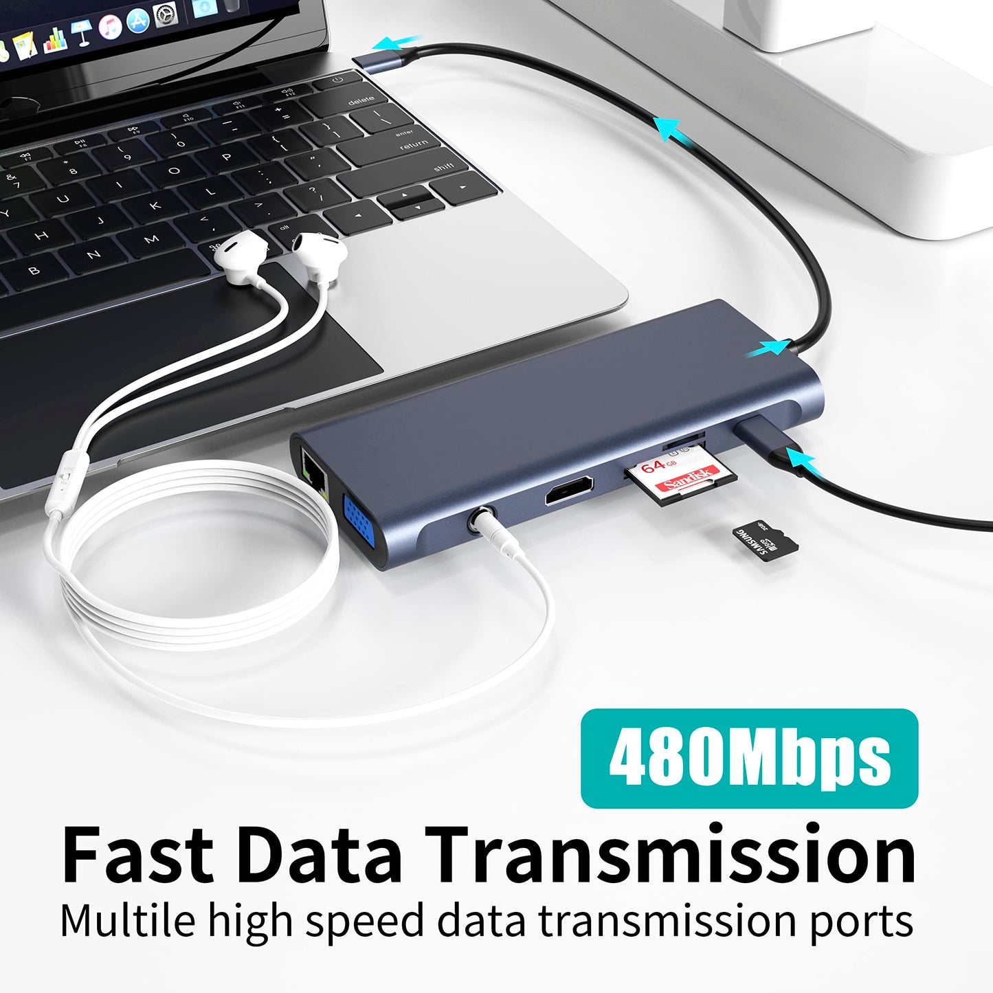 Concentrador de estación de acoplamiento USB C (13 en 1) con 2 puertos HDMI 4K, Ethernet, VGA, audio, USB3.0 TF/SD Dongle Dongle compatible con MacBook iPad Pro, Dell Hp Lenovo
