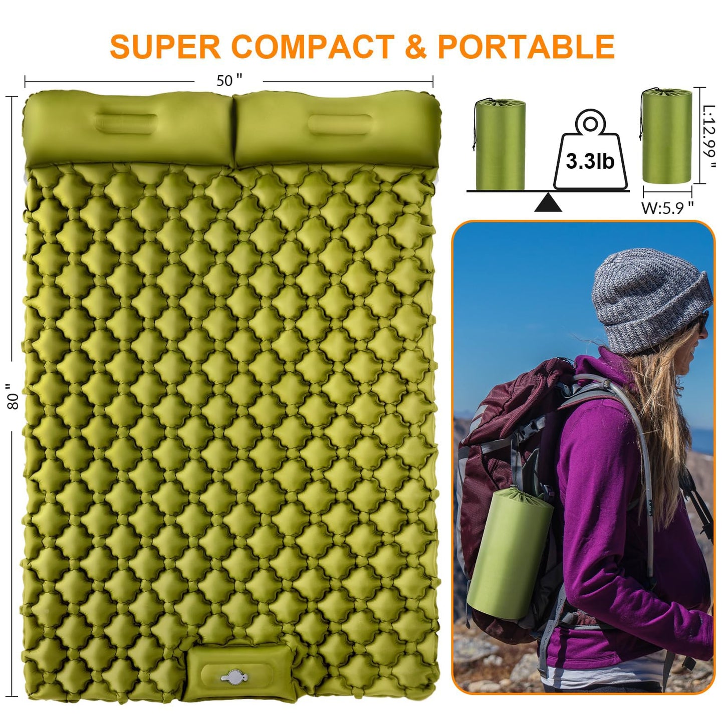 TEKIK - Almohadilla de Dormir para Camping, Ultraligera, autoinflable, para 2 Personas con Almohada, Bomba de pie integrada para Camping, Senderismo, Bolsa de Transporte, Kit de reparación