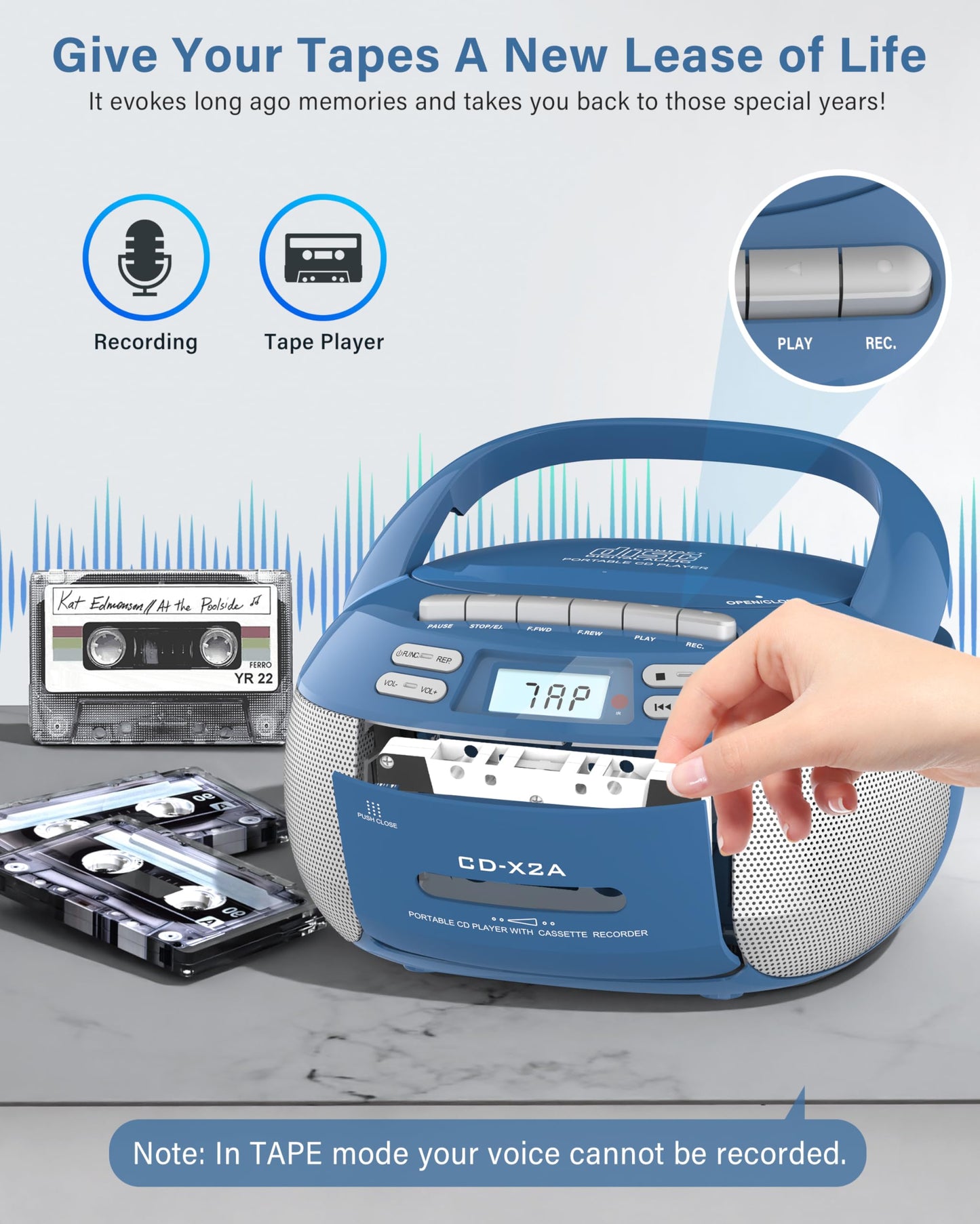 Greadio Boombox - Reproductor de CD de cassette, reproductor de CD portátil con Bluetooth, compatible con radio AM FM, control remoto, AUX/USB/auriculares, funciona con AC/batería, visualización LCD