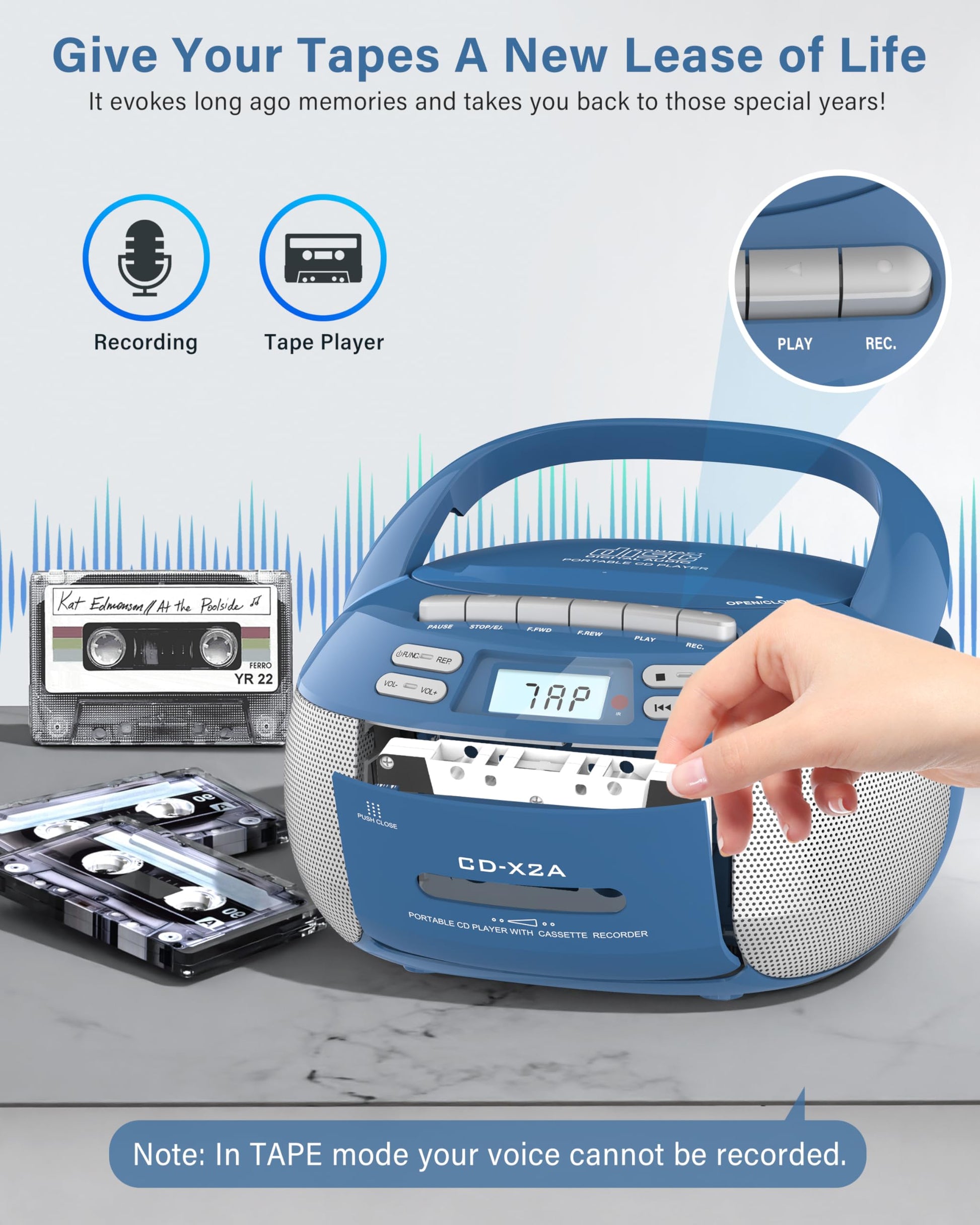 Greadio Boombox - Reproductor de CD de cassette, reproductor de CD portátil con Bluetooth, compatible con radio AM FM, control remoto, AUX/USB/auriculares, funciona con AC/batería, visualización LCD