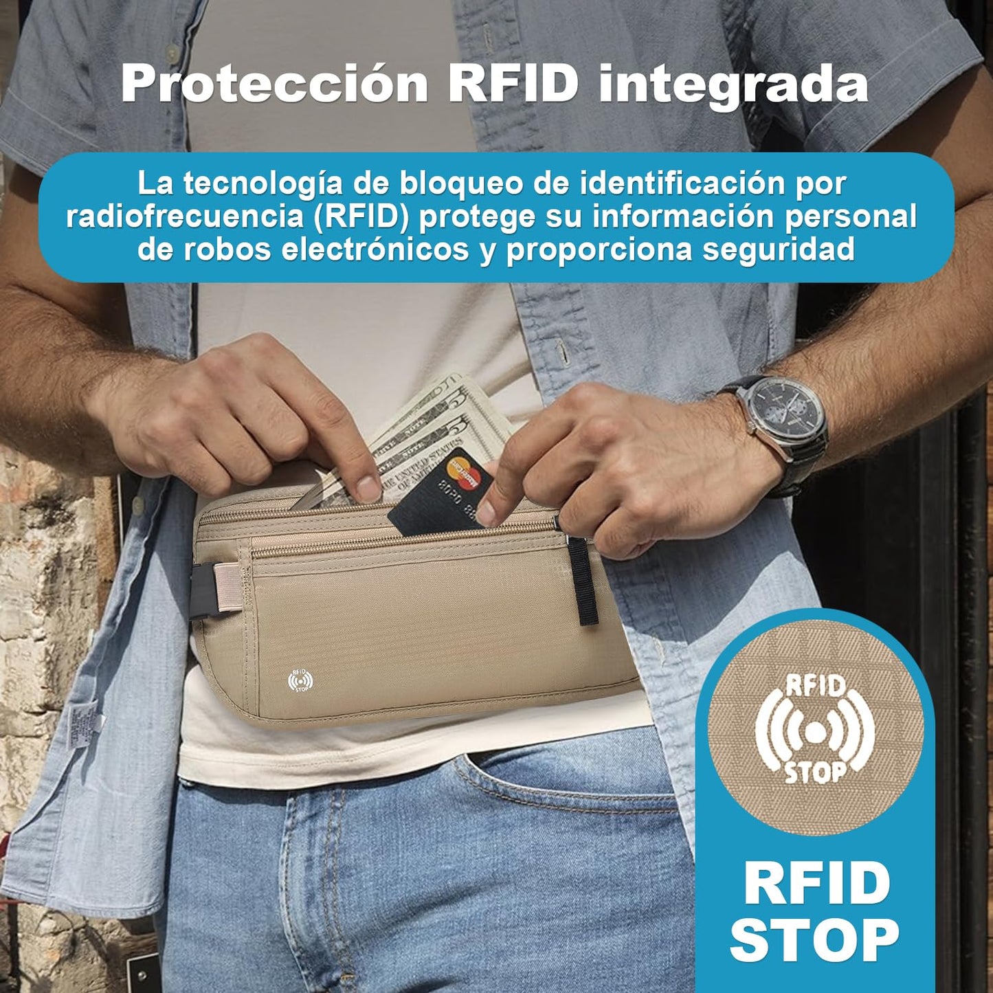 Cinturón de Viaje con Tecnología Bloqueo RFID, Cangurera Mujer y Hombres con Soporte Delgado para Pasaporte y Cremallera Invisible, Riñonera para Viaje, Deporte, Running, Ejercicio (Caqui)