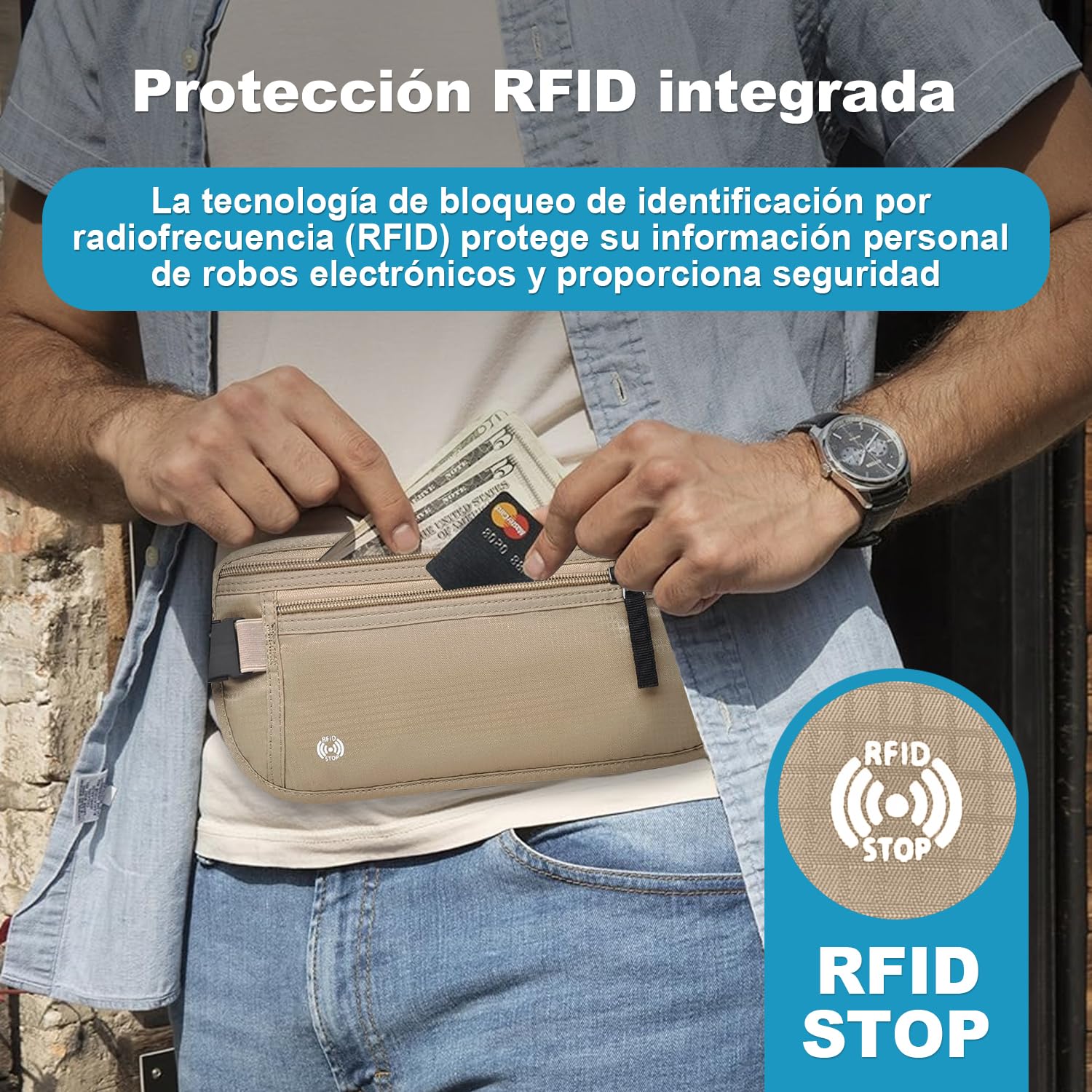 Cinturón de Viaje con Tecnología Bloqueo RFID, Cangurera Mujer y Hombres con Soporte Delgado para Pasaporte y Cremallera Invisible, Riñonera para Viaje, Deporte, Running, Ejercicio (Caqui)