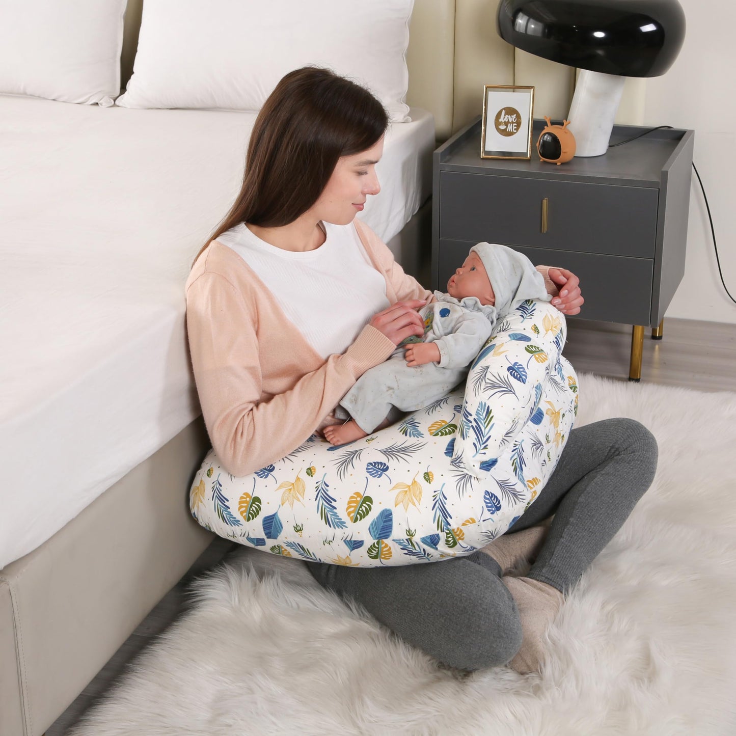 BABYLIAN Almohada de lactancia para lactancia, almohadas ergonómicas de alimentación del bebé con funda extraíble de algodón lavable, correa de cintura ajustable, talla grande, más apoyo para mamá y