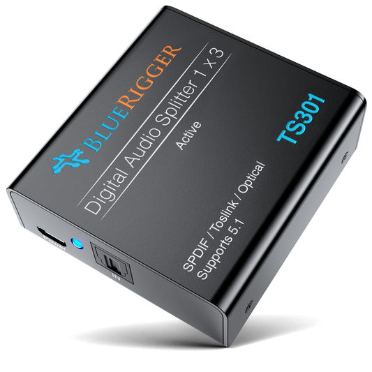 BlueRigger - Divisor de audio óptico digital (divisor activo Toslink 1 en 3 salida, SPDIF, adaptador de fibra óptica) - Compatible con cine en casa, Xbox, PS4, DVD, receptor, TV, LPCM2.0, DTS, Dolby