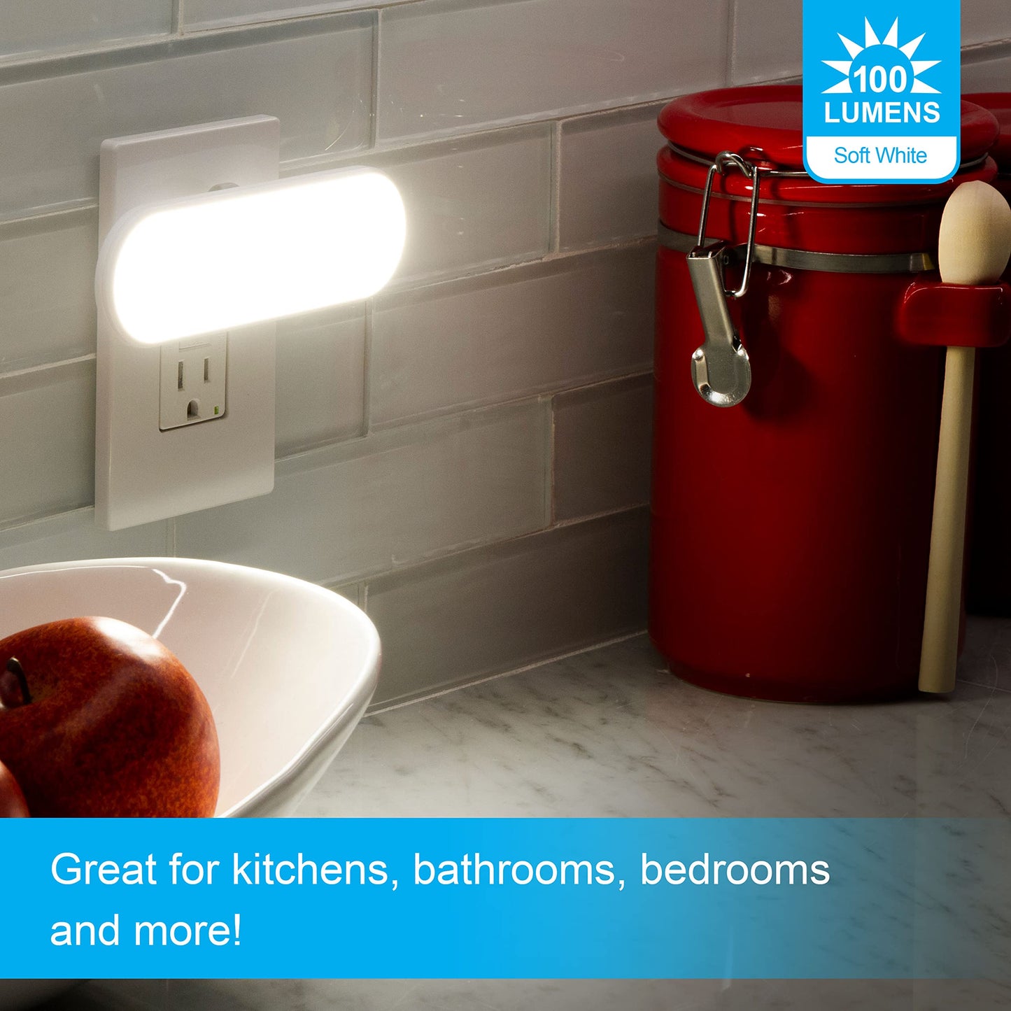 GE Ultrabrite, Barra de Luz LED, Enchúfable, Sensor de Luz, con Apagado al Amanecer, 100 Lúmenes, Ideal para Dormitorio, Baño, Pasillo, Cocina, Eficiencia Energética, Blanco, Paquete de 1, 12498