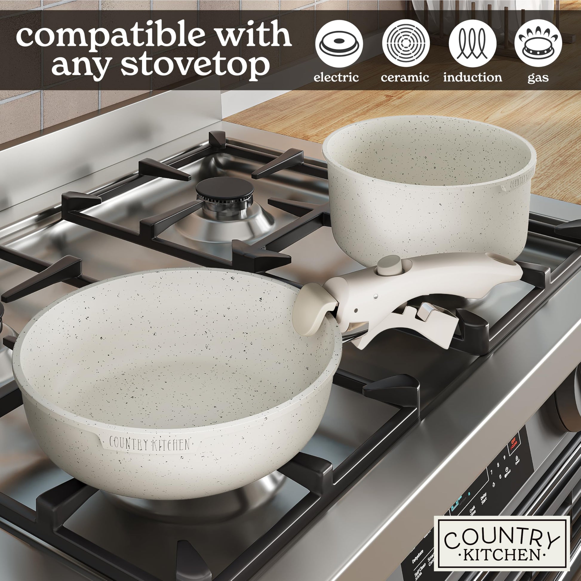Country Kitchen Juego de ollas y sartenes de 13 piezas juego de utensilios de cocina antiadherentes mango desmontable juego de utensilios de cocina RV apto para lavaplatos/horno (crema), YFAC13RH CRM