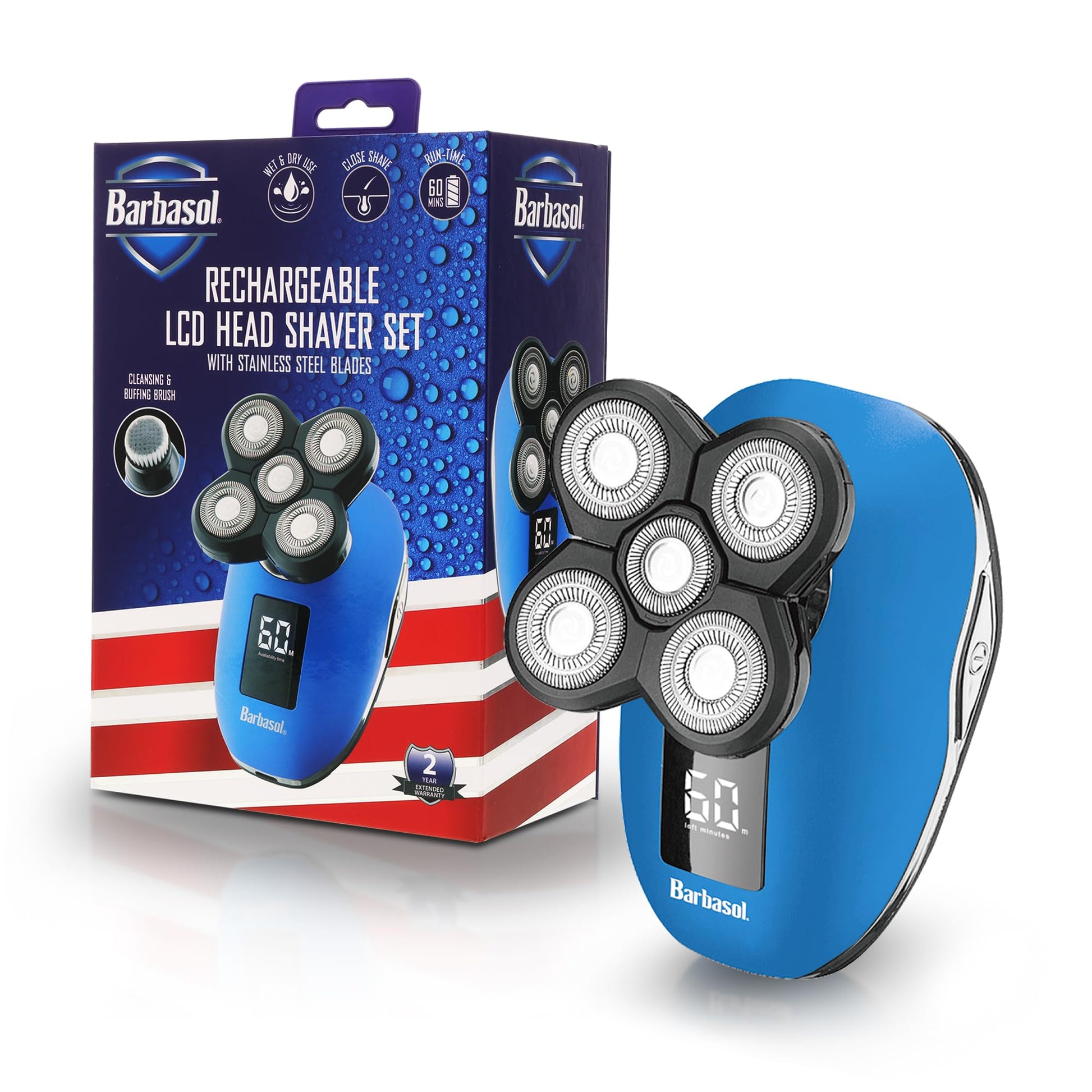 Barbasol Signature Series - Afeitadora de cabeza giratoria recargable en húmedo y seco con 5 cuchillas de acero inoxidable, LCD, azul