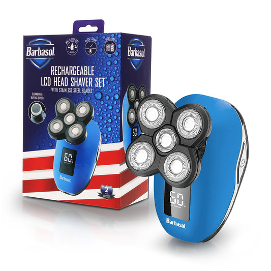 Barbasol Signature Series - Afeitadora de cabeza giratoria recargable en húmedo y seco con 5 cuchillas de acero inoxidable, LCD, azul