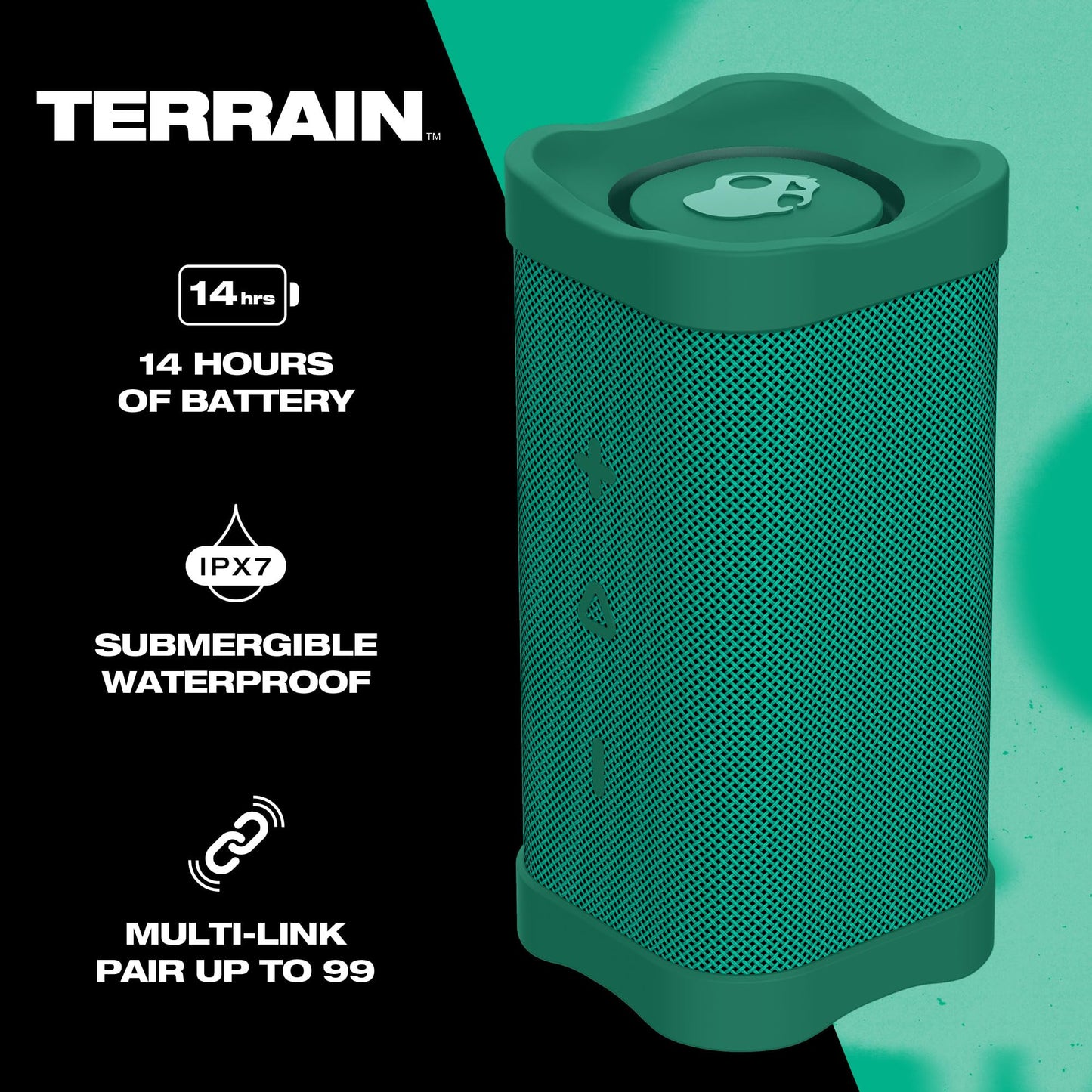 Skullcandy Terrain - Altavoz inalámbrico Bluetooth IPX7 Impermeable con radiadores pasivos duales Personalizados, batería de 14 Horas, muñequera de Nailon y estéreo inalámbrico Verdadero
