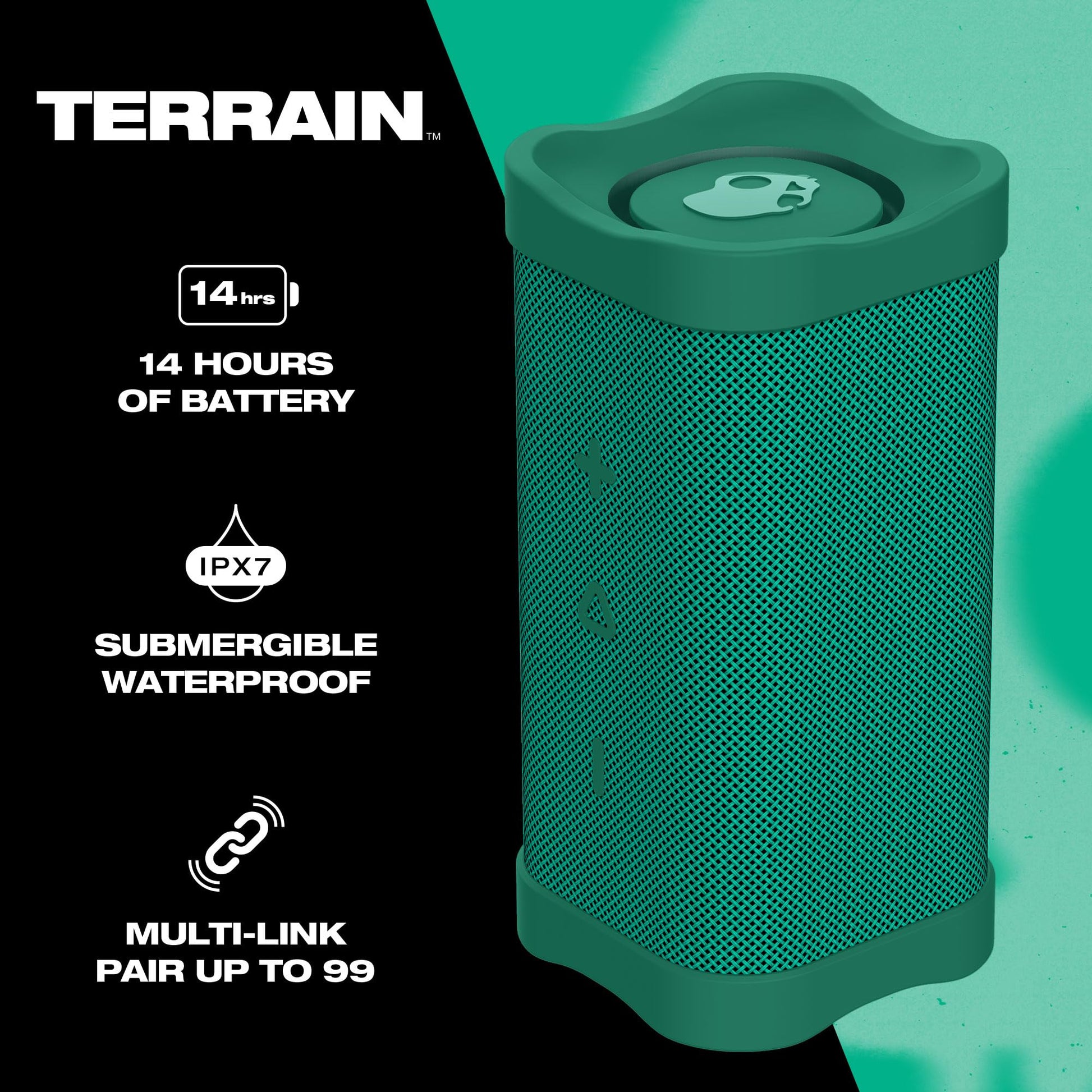Skullcandy Terrain - Altavoz inalámbrico Bluetooth IPX7 Impermeable con radiadores pasivos duales Personalizados, batería de 14 Horas, muñequera de Nailon y estéreo inalámbrico Verdadero